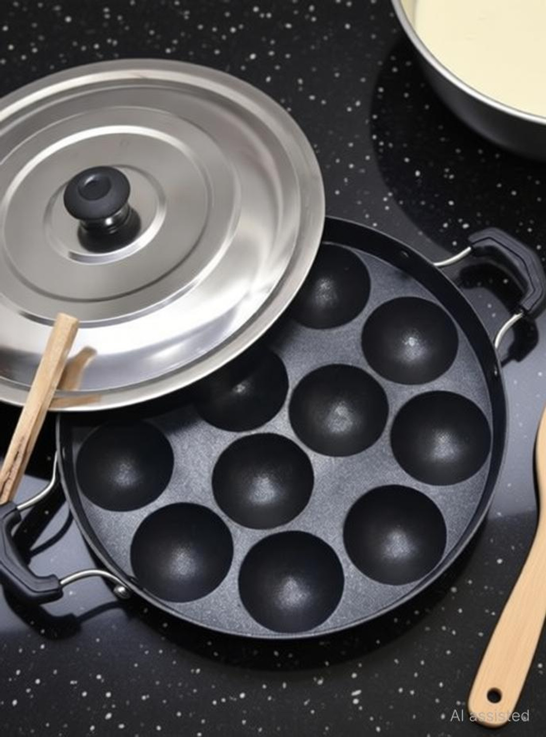 Image of DTM super appam patra with lid and handle / kulipaniyaram pan nonstick / appe / aapee Paniarakkal Pan 22 cm diameter with Lid 1 L capacity