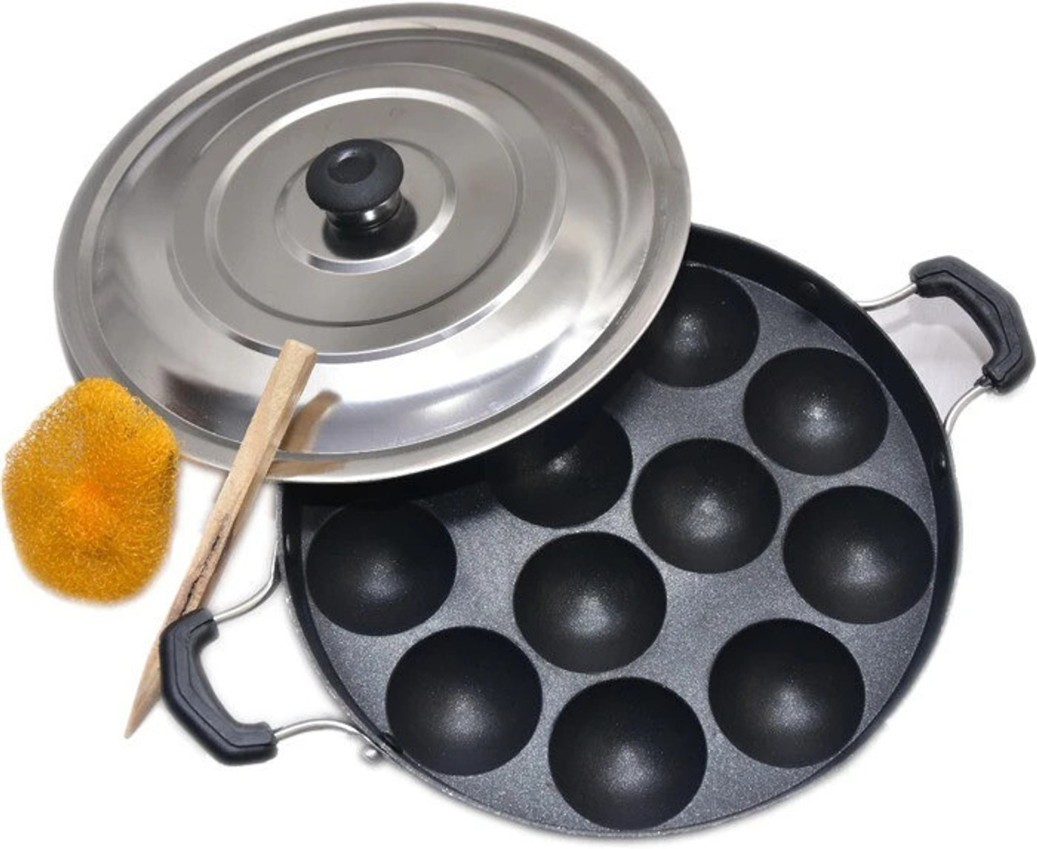 Image of DTM super appam patra with lid and handle / kulipaniyaram pan nonstick / appe / aapee Paniarakkal Pan 22 cm diameter with Lid 1 L capacity