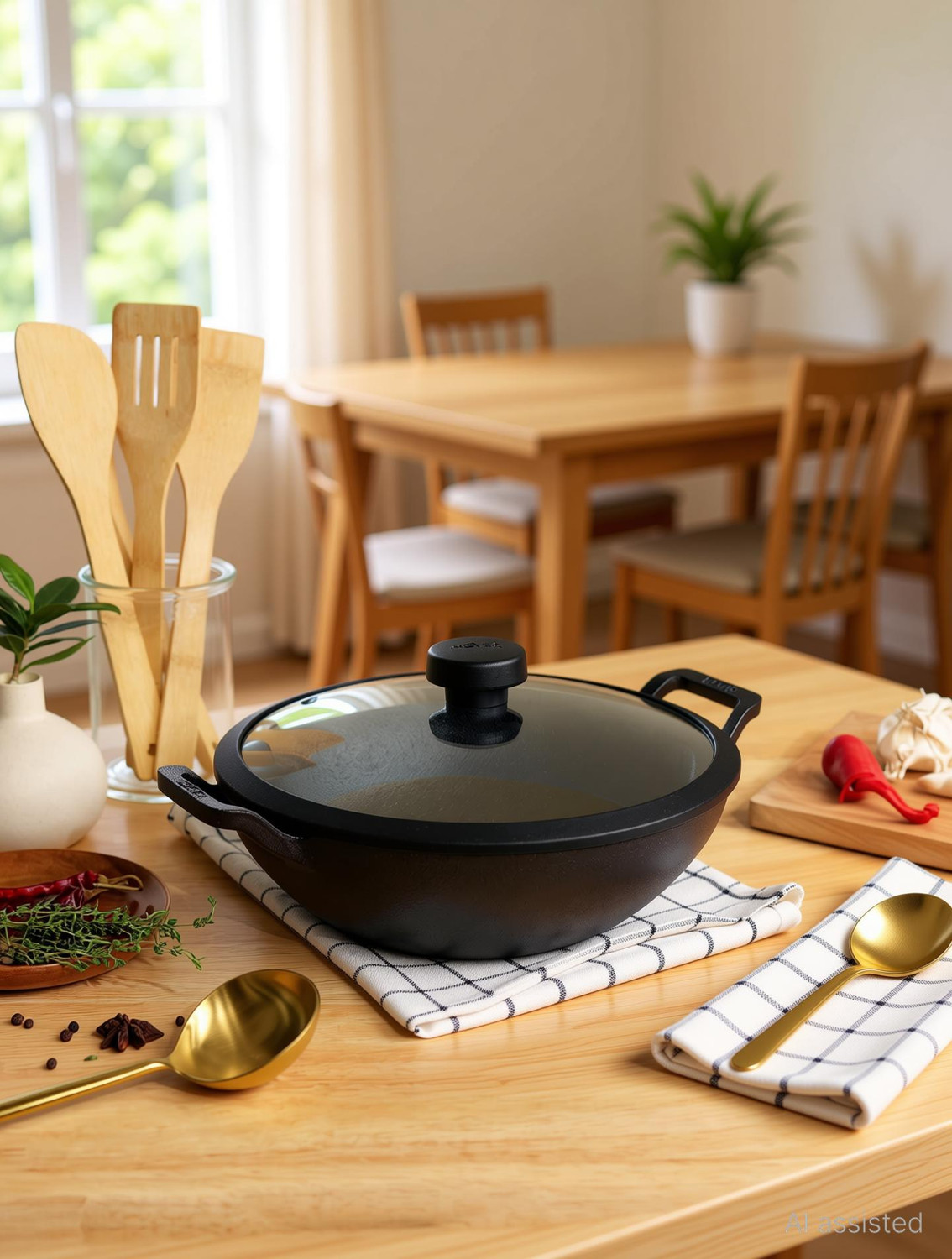 Image of Meyer Pre Seasoned Cast Iron Kadai|Iron Kadhai with Lid for Cooking and Stir Frying Kadhai 20 cm diameter with Lid 2 L capacity