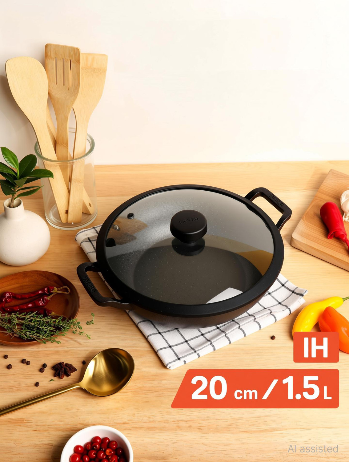 Image of Meyer Pre Seasoned Cast Iron Kadai|Iron Kadhai with Lid for Cooking and Stir Frying Kadhai 20 cm diameter with Lid 2 L capacity