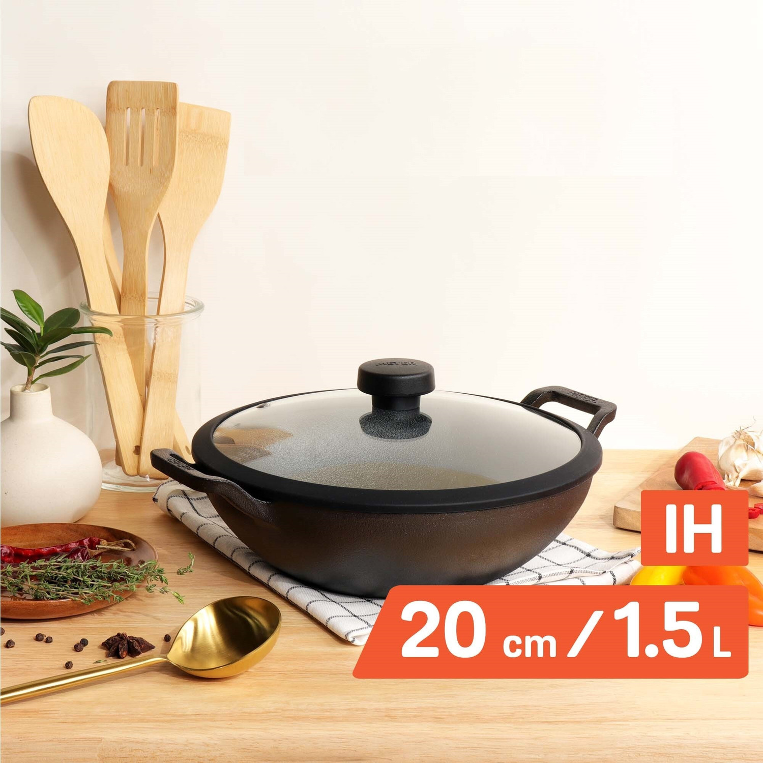 Image of Meyer Pre Seasoned Cast Iron Kadai|Iron Kadhai with Lid for Cooking and Stir Frying Kadhai 20 cm diameter with Lid 2 L capacity