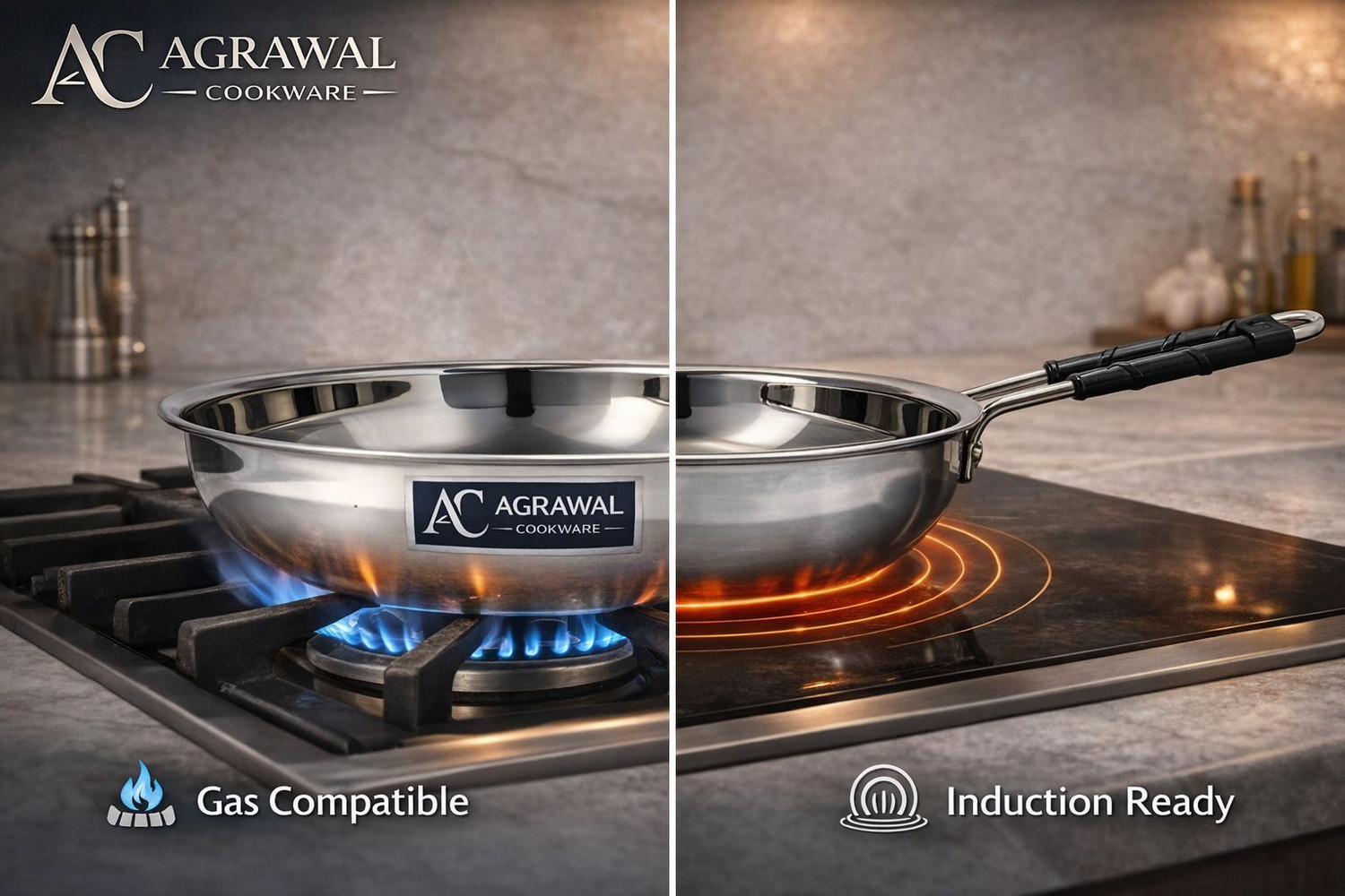 Image of AGRAWAL COOKWARE Heavy Gauge Premium Stainless Steel Frying Pan, 1 Litres, Mirror Finish Fry Pan 20 cm diameter 1 L capacity