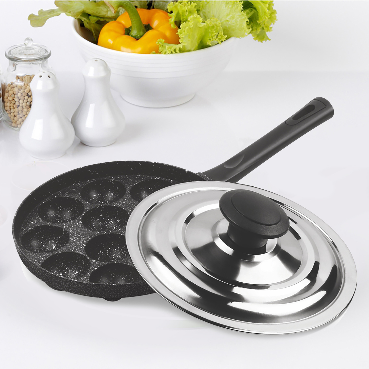 Image of MILTON Pro cook Appam Patra 12 Cavities, 14 Inch Non-Stick Paniyaram Pan with Steel Lid Pot 21.65 cm diameter 0 L capacity with Lid