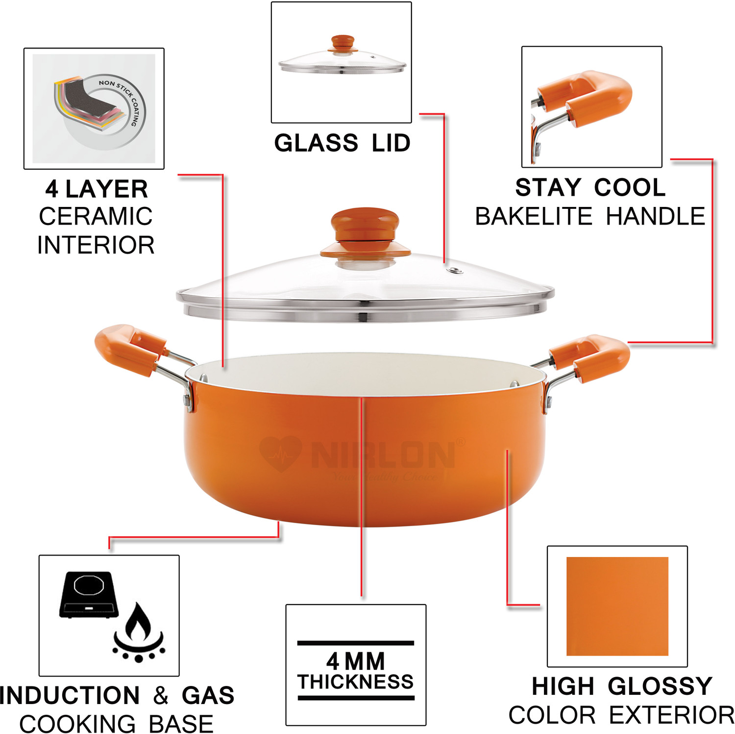 Image of NIRLON Ceramic 2-Piece Non Stick Induction Cookware, Aluminium Pots and Pans Set with Glass Lid Non-Stick Coated Cookware Set