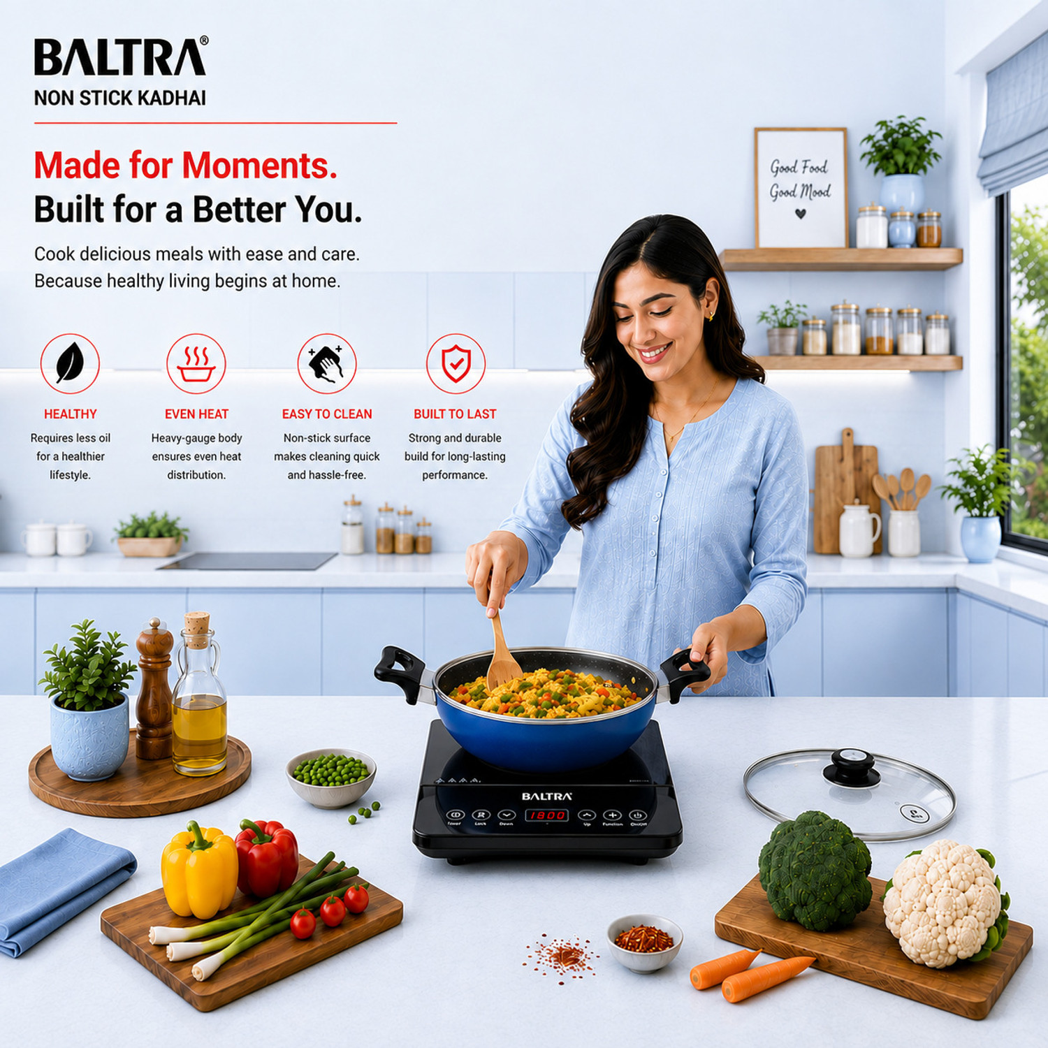 Image of Baltra induction base non stick kadai 26 cm (Blue) Kadhai 26 cm diameter with Lid 4 L capacity (Aluminium, Non-stick, Induction Bottom)