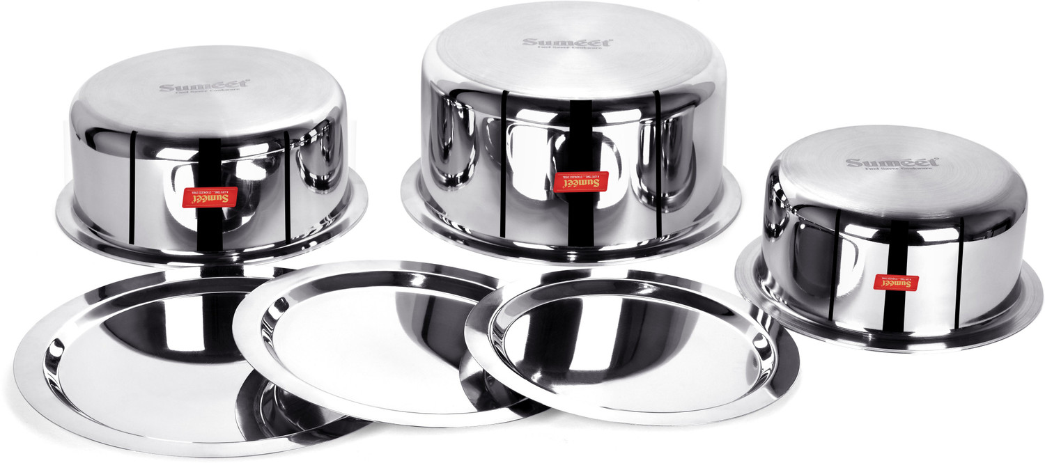 Image of Sumeet Cook Smart TriPly Steel-Aluminium-Steel - 3 Layers Tope Set of 3Pcs with Lid Tope /Bhagona /Patila Set with Lid 1.1 L, 1.6 L, 2 L capacity 14 cm, 16 cm, 18 cm diameter