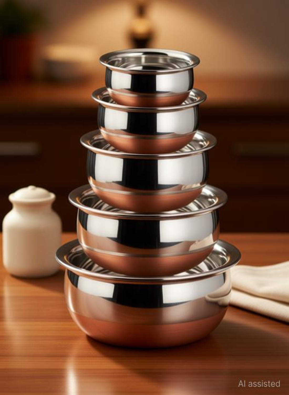 Image of PROJAIN STEEL Copper Bottom Handi Pot 5 Piece Set /Steel Handi Set 5 Piece Set /Cookware Chetty Combo Serving Handi Cookware Multi Purpose Capacity :- 500 ML , 750 ML , Handi 1 050 ,ML,1200 ML ,1500 ML Handi Handi 2 L