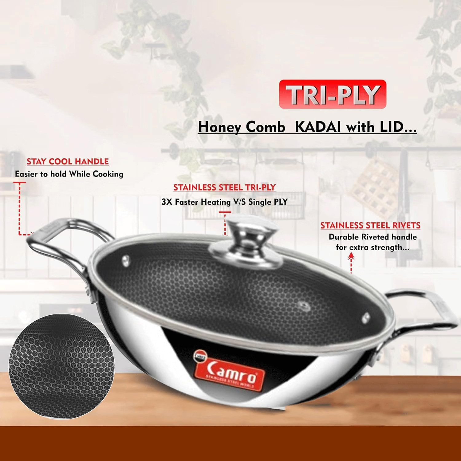 Image of Camro Honeycomb kadhai |multipurpose kadhai | cooking kadhai | deep frying kadhai Kadhai 34 cm diameter with Lid 8 L capacity (Stainless Steel, Induction Bottom)