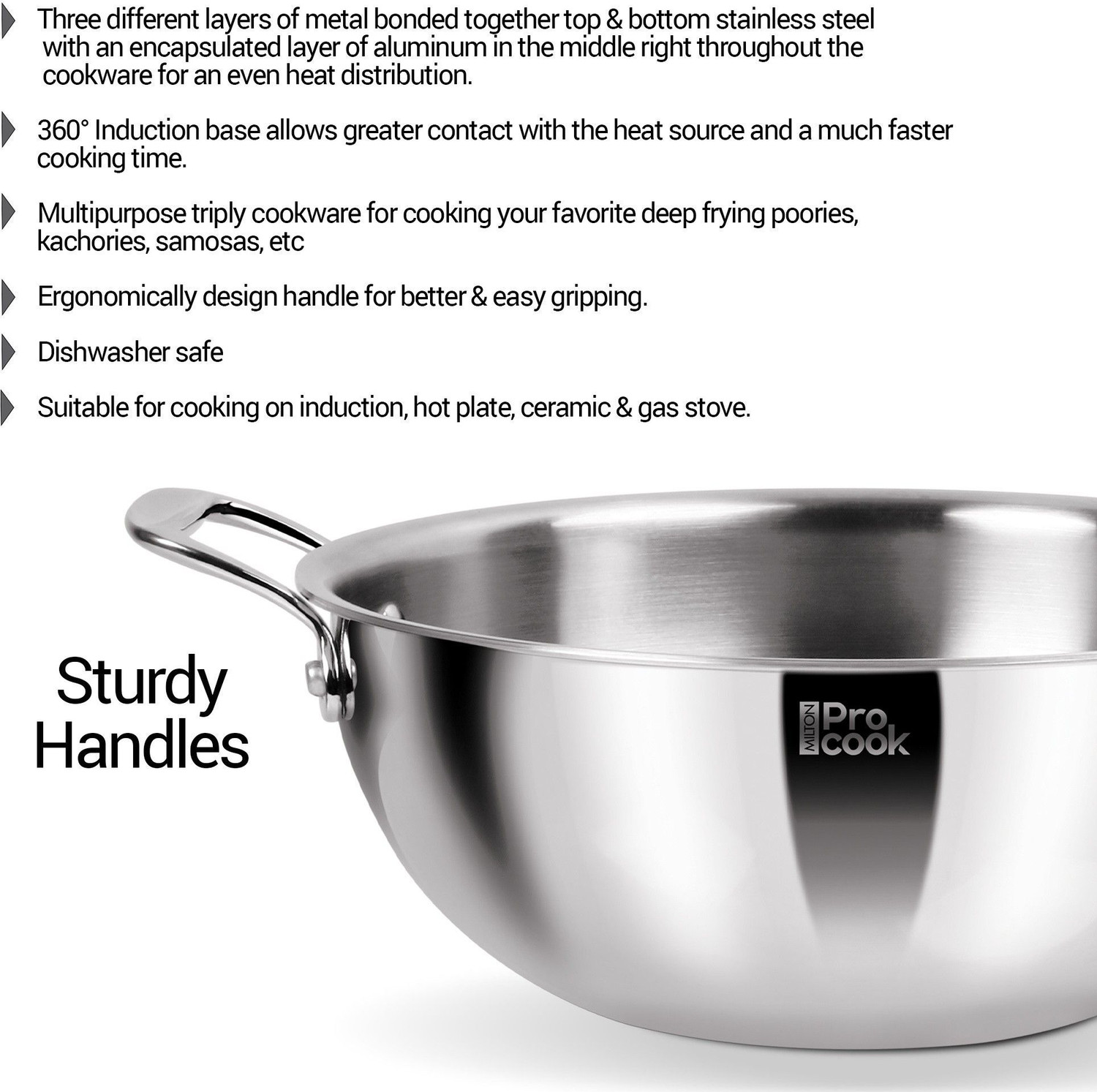 Image of MILTON Pro Cook Triply Deep Kadhai with Stainless Steel Lid | Hot Plate | Flame Safe Kadhai 28 cm diameter with Lid 5.4 L capacity