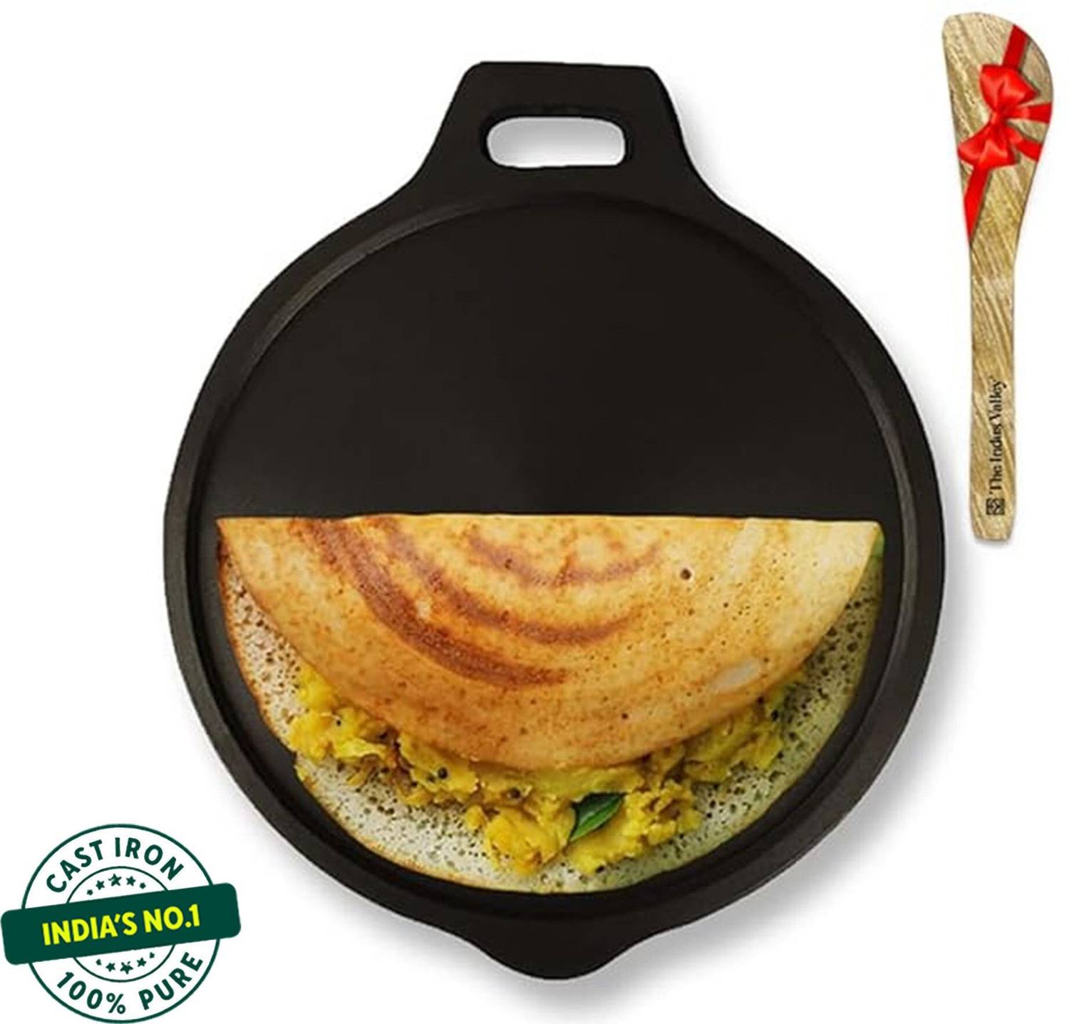 The Indus Valley Super Smooth Cast Iron Tawa with Free Wooden Spatula for Dosa/Chapathi-10.8 inch Tawa 27.6 cm diameter — Tawa & Griddles