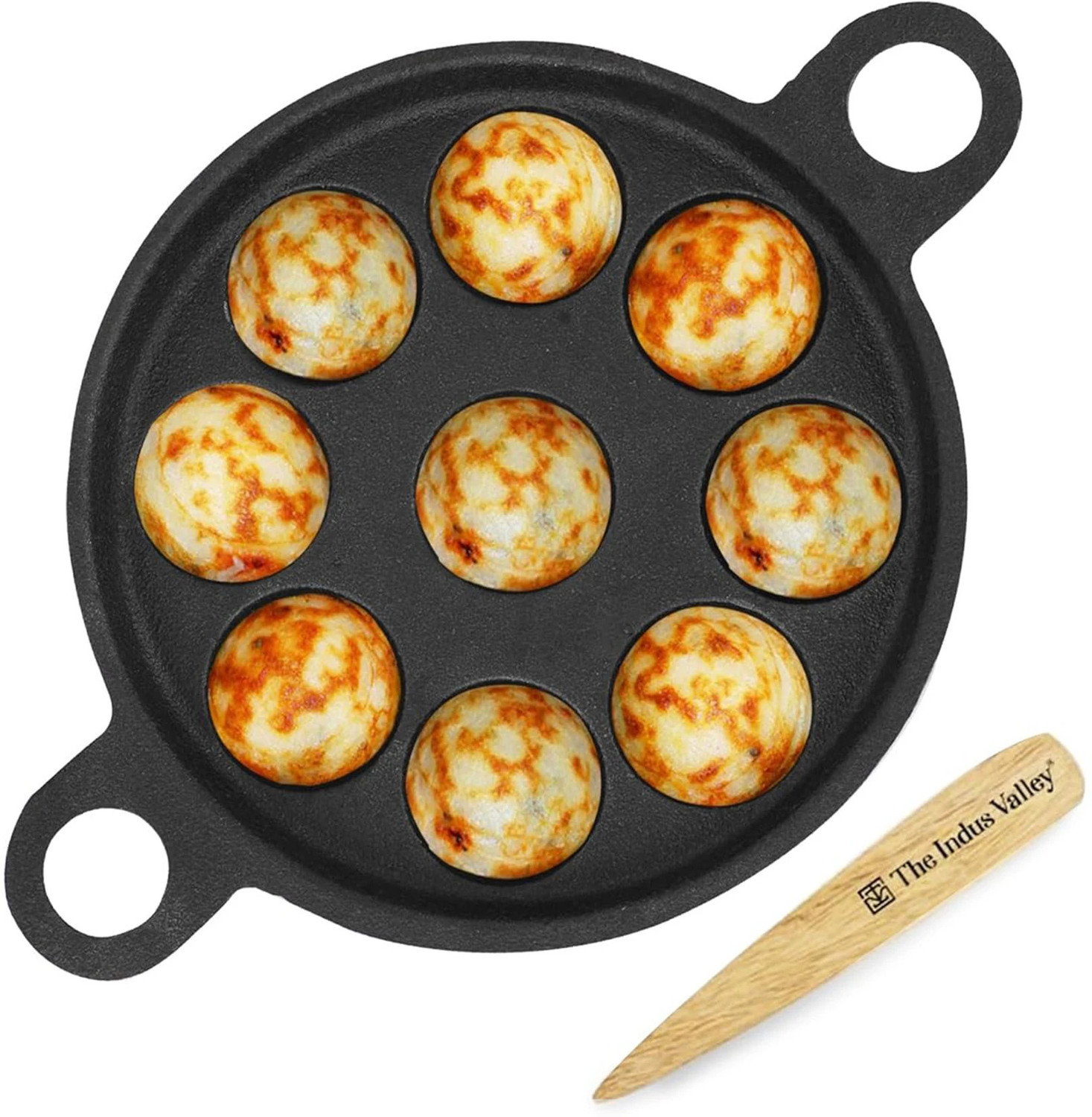 Image of The Indus Valley Pre-Seasoned Cast Iron Paniyaram /Paddu Pan with Free Wooden Picker|9 Pit Paniarakkal Pan 20.8 cm diameter 0 L capacity