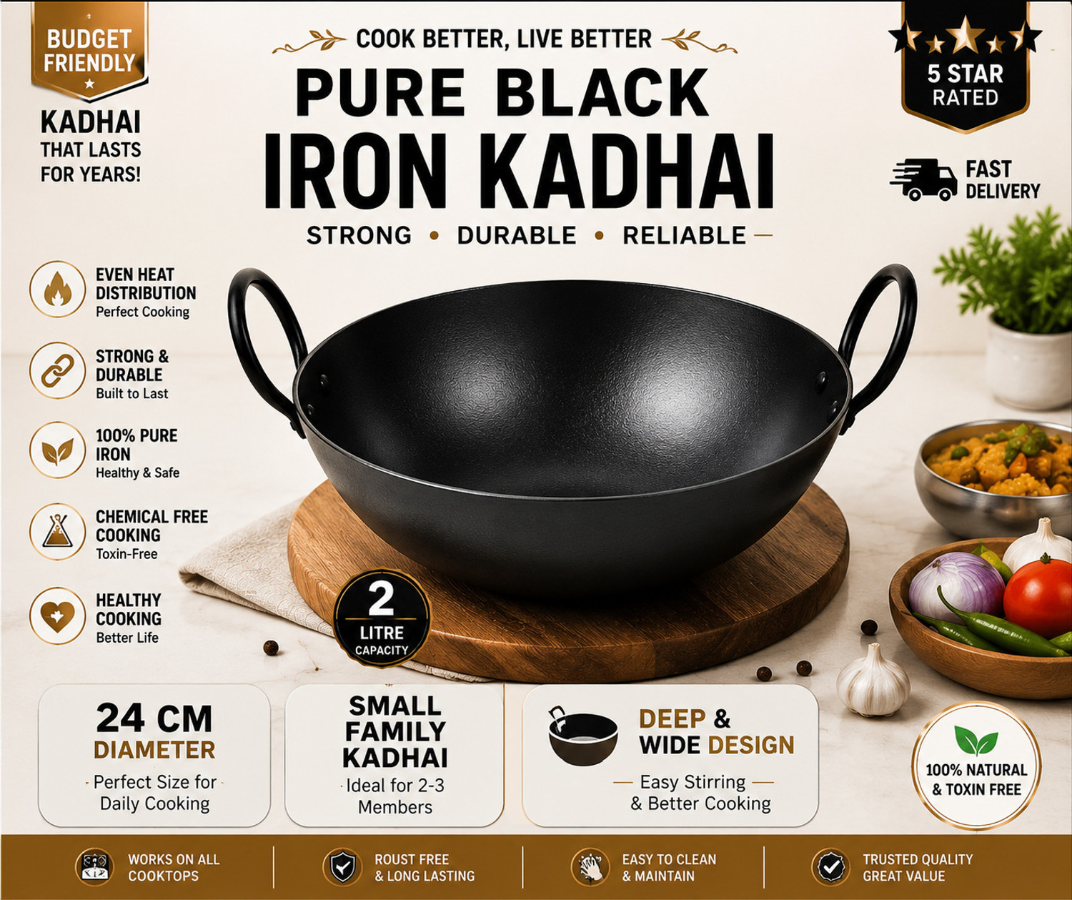 Image of VeerEnterprises 10 inch pure iron black kadhai Kadhai 23 cm diameter 1.75 L capacity