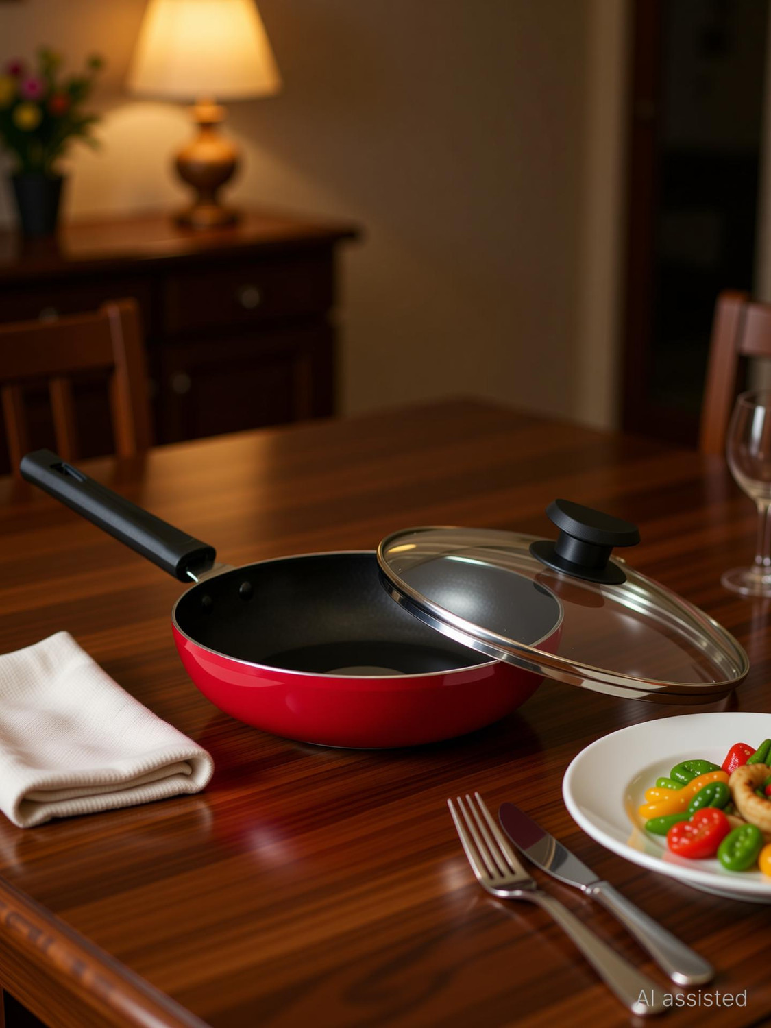 Image of NAVRANG NONSTICK ALU FRYPAN 220MM WITH GLASS LID, INDUCTION, RED COLOR, 1.5 LTR Fry Pan 22 cm diameter with Lid 1.2 L capacity