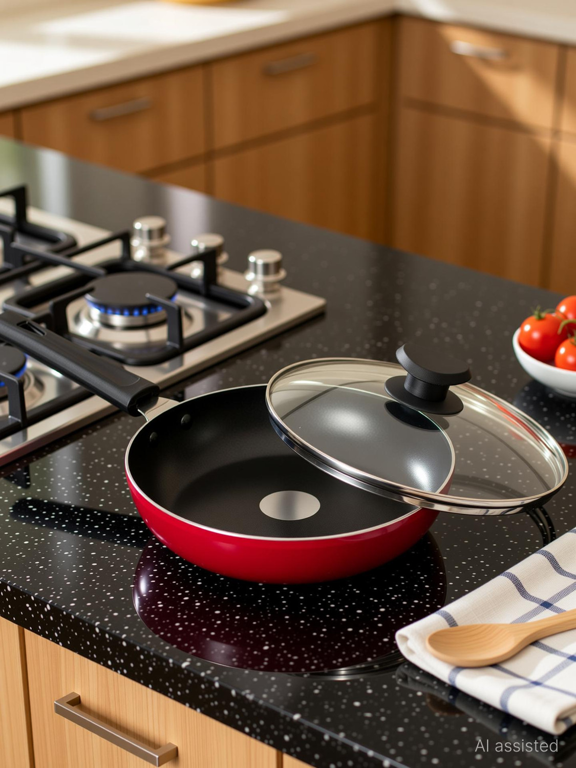 Image of NAVRANG NONSTICK ALU FRYPAN 220MM WITH GLASS LID, INDUCTION, RED COLOR, 1.5 LTR Fry Pan 22 cm diameter with Lid 1.2 L capacity