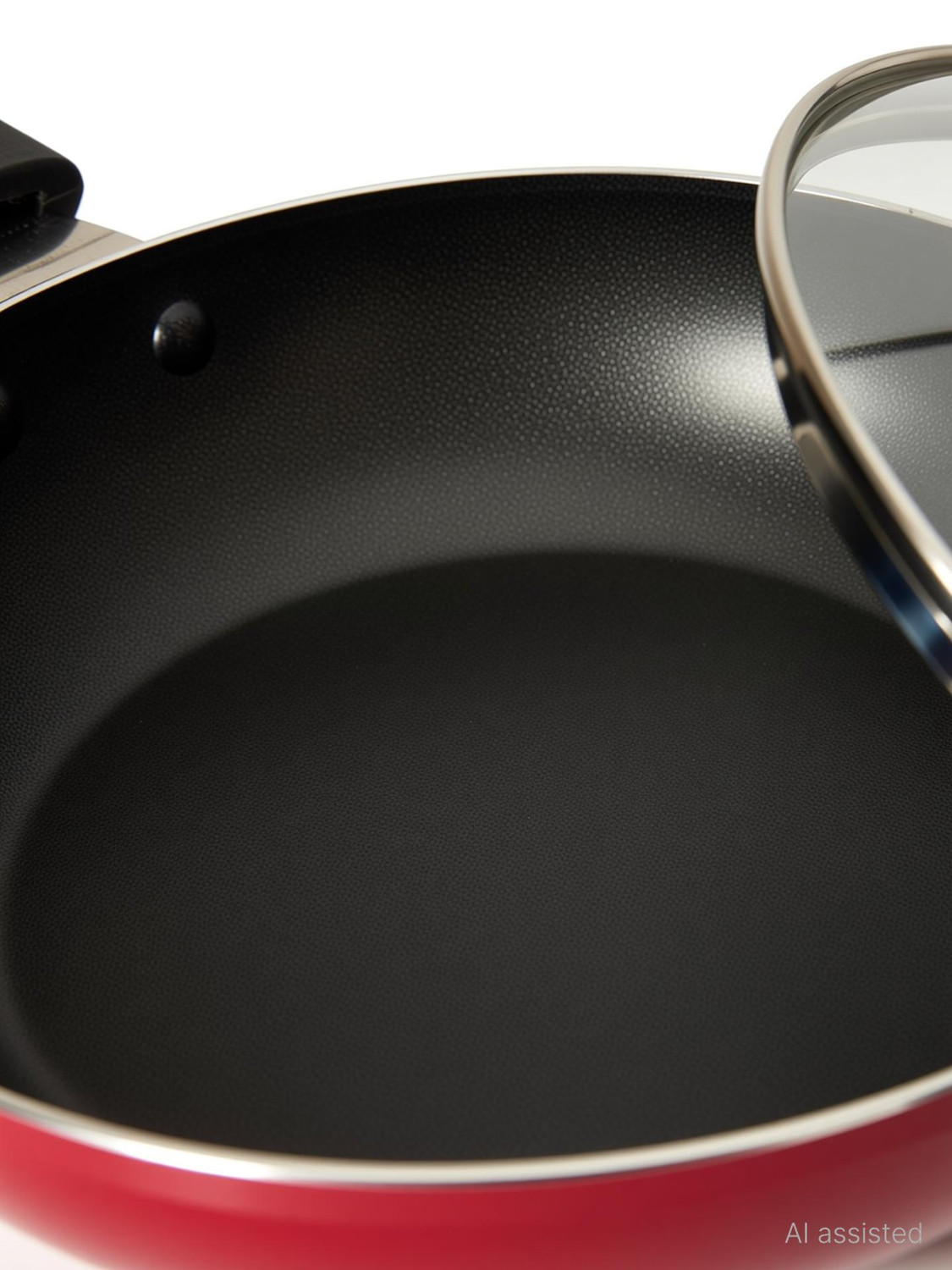 Image of NAVRANG NONSTICK ALU FRYPAN 220MM WITH GLASS LID, INDUCTION, RED COLOR, 1.5 LTR Fry Pan 22 cm diameter with Lid 1.2 L capacity