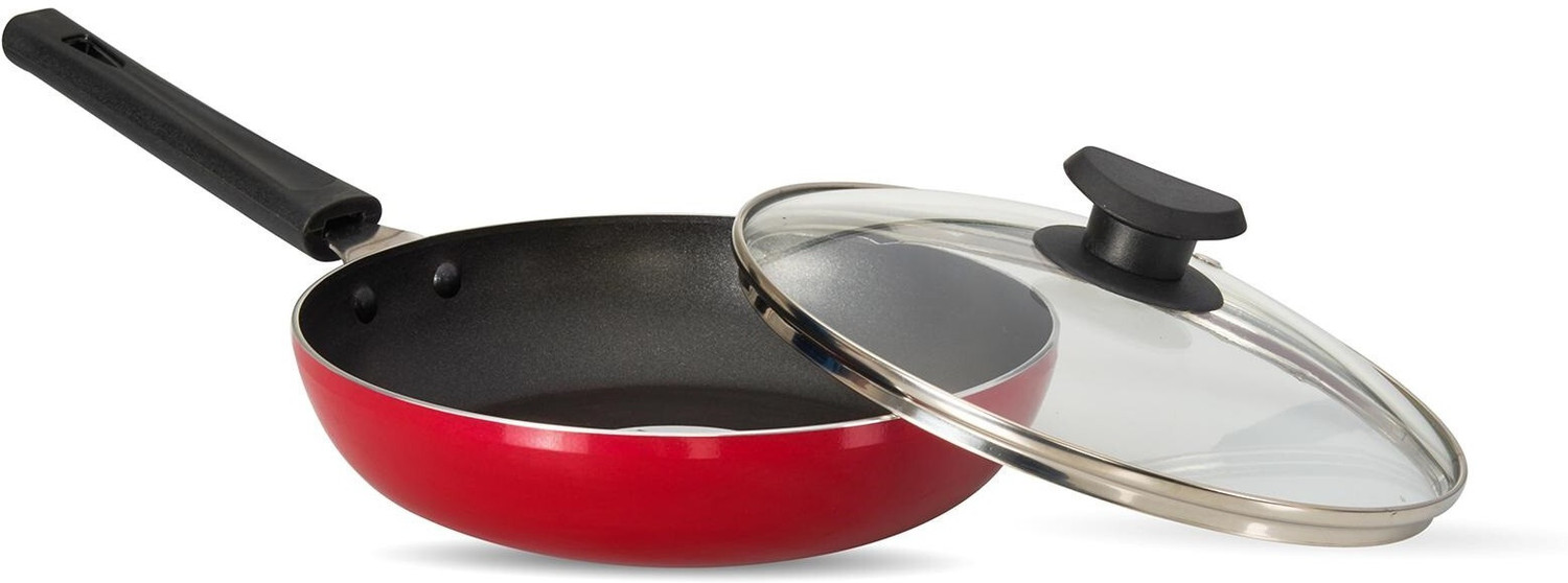 Image of NAVRANG NONSTICK ALU FRYPAN 220MM WITH GLASS LID, INDUCTION, RED COLOR, 1.5 LTR Fry Pan 22 cm diameter with Lid 1.2 L capacity