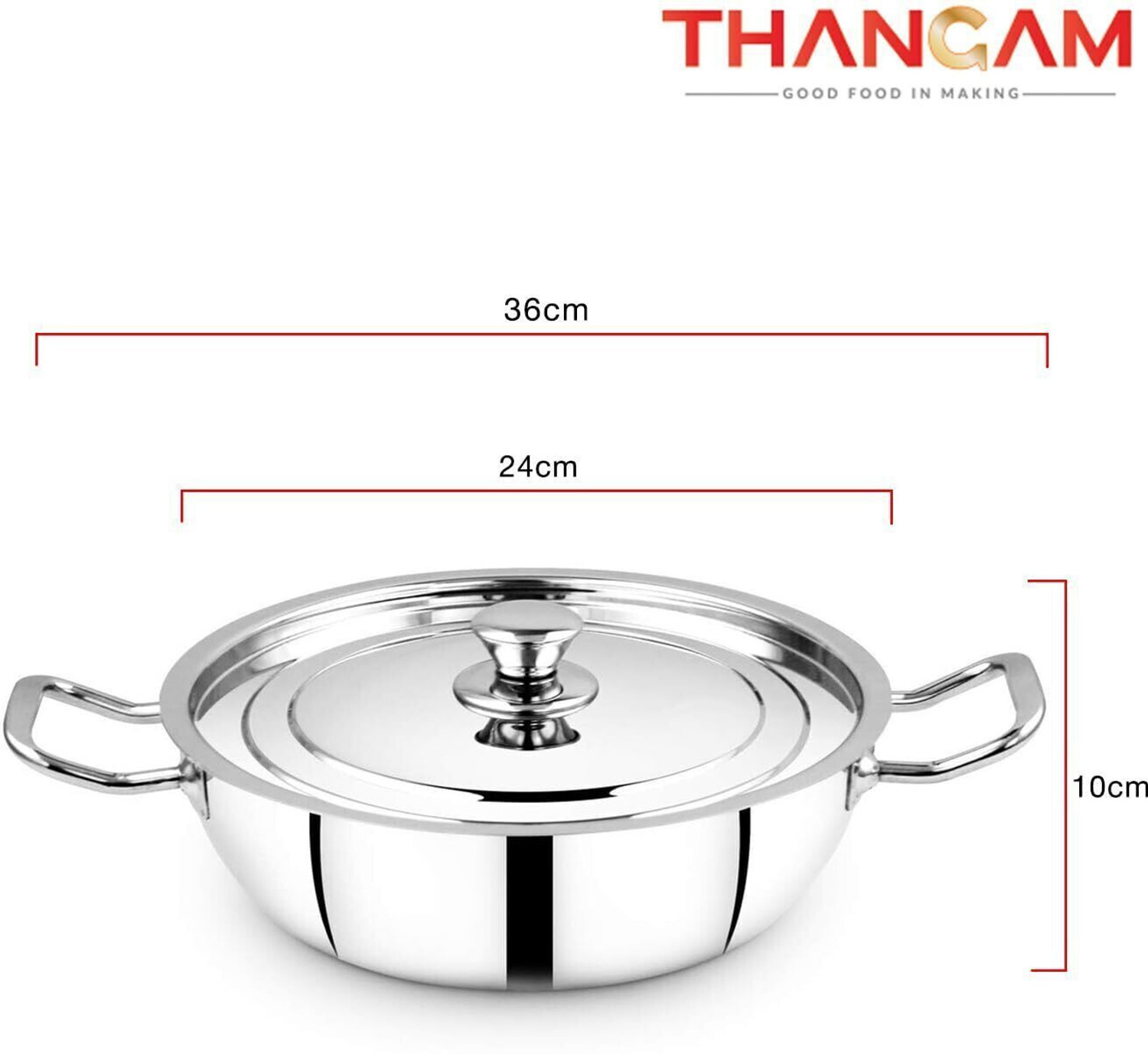 Image of THANGAM Stainless Steel Induction Kadhai with Lid & Handle 2.8L Non Stick Kadai Cooking Kadhai 24 cm diameter with Lid 2800 L capacity (Stainless Steel, Non-stick, Induction Bottom)