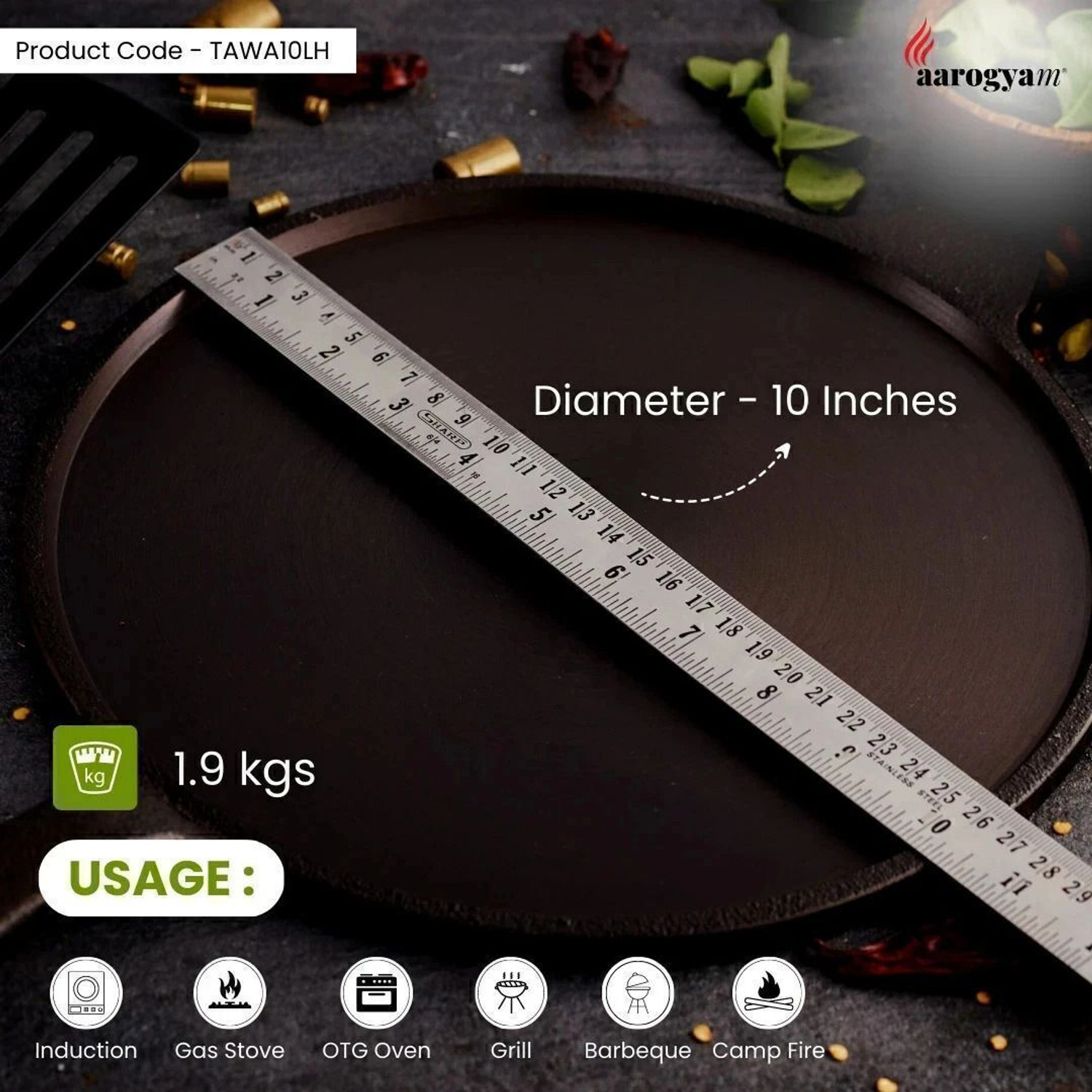 Image of Aarogyam Cast Iron Dosa /Roti Tawa with Long Handle, Pre-Seasoned Tawa 26 cm diameter