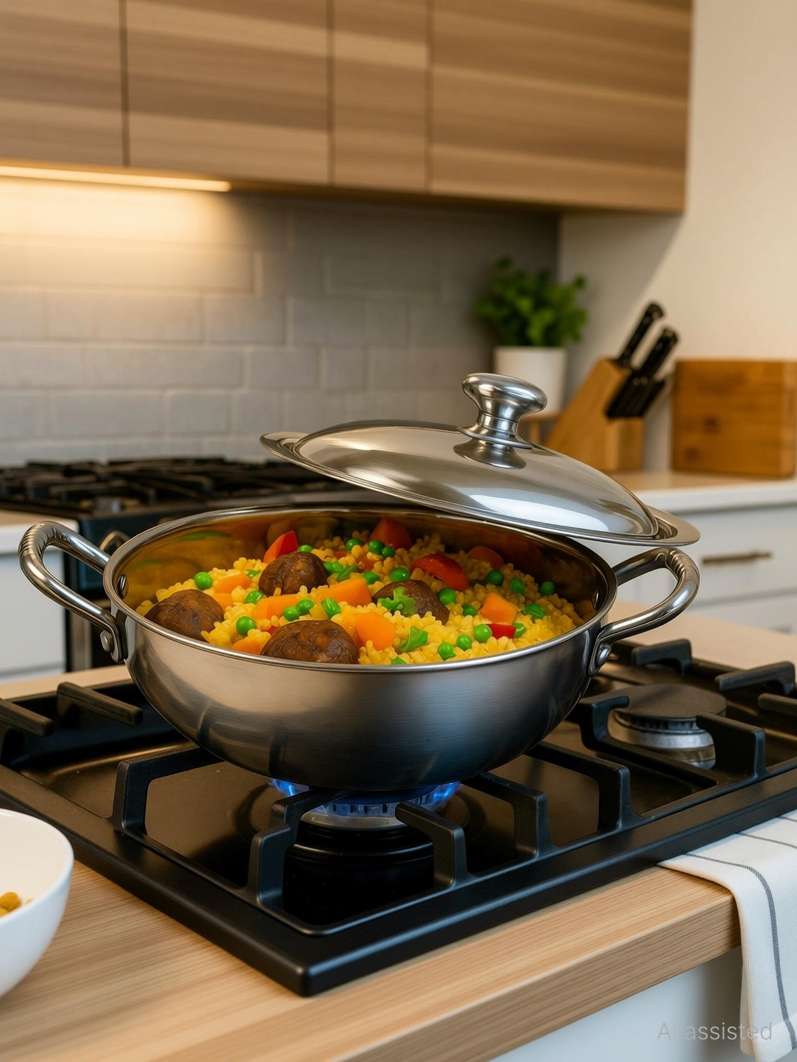 Image of Mainsa induction Bottom Steel Deep Kadhai with Full Stainless Steel Lid Kadhai 26 cm diameter with Lid 3 L capacity