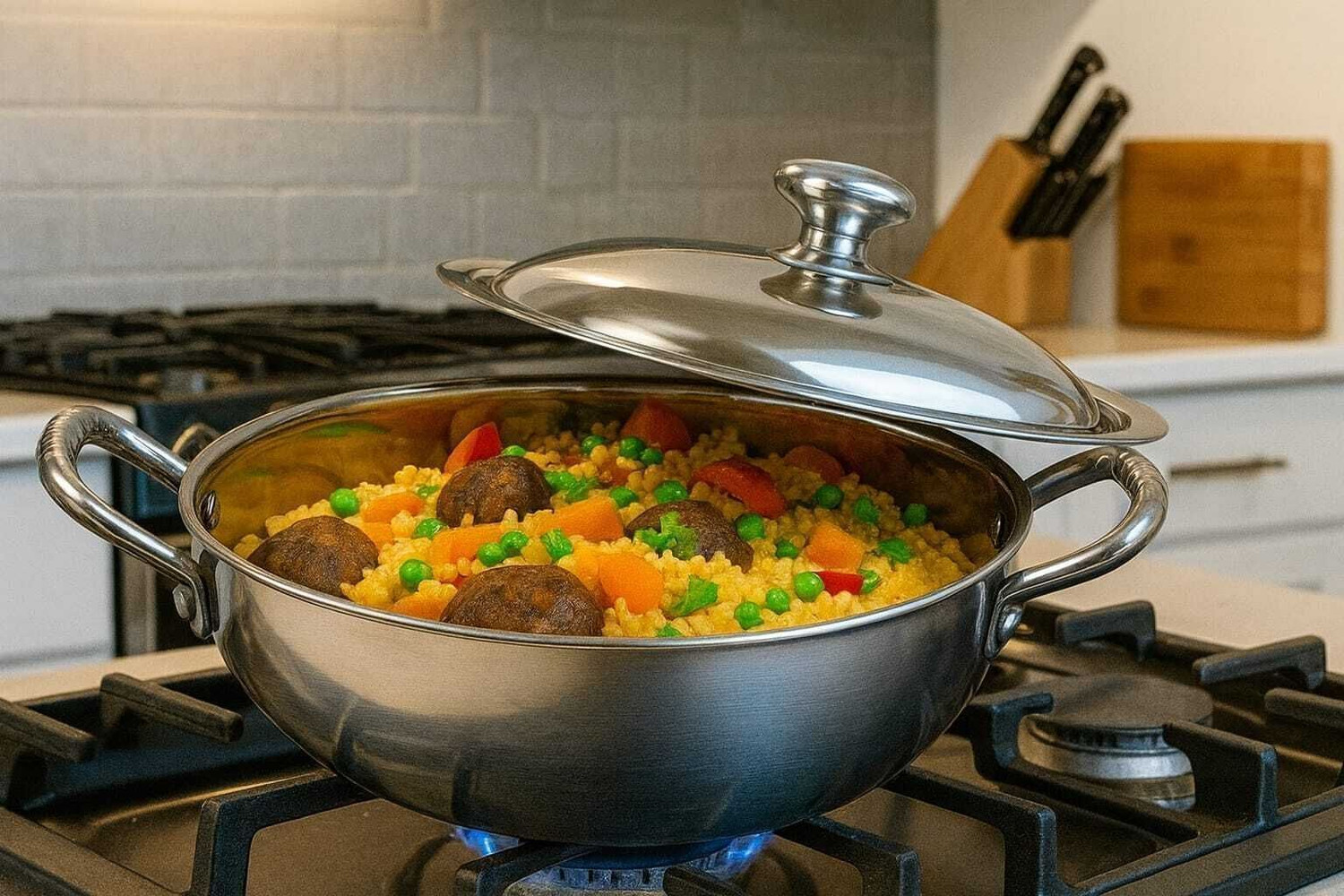 Image of Mainsa induction Bottom Steel Deep Kadhai with Full Stainless Steel Lid Kadhai 26 cm diameter with Lid 3 L capacity