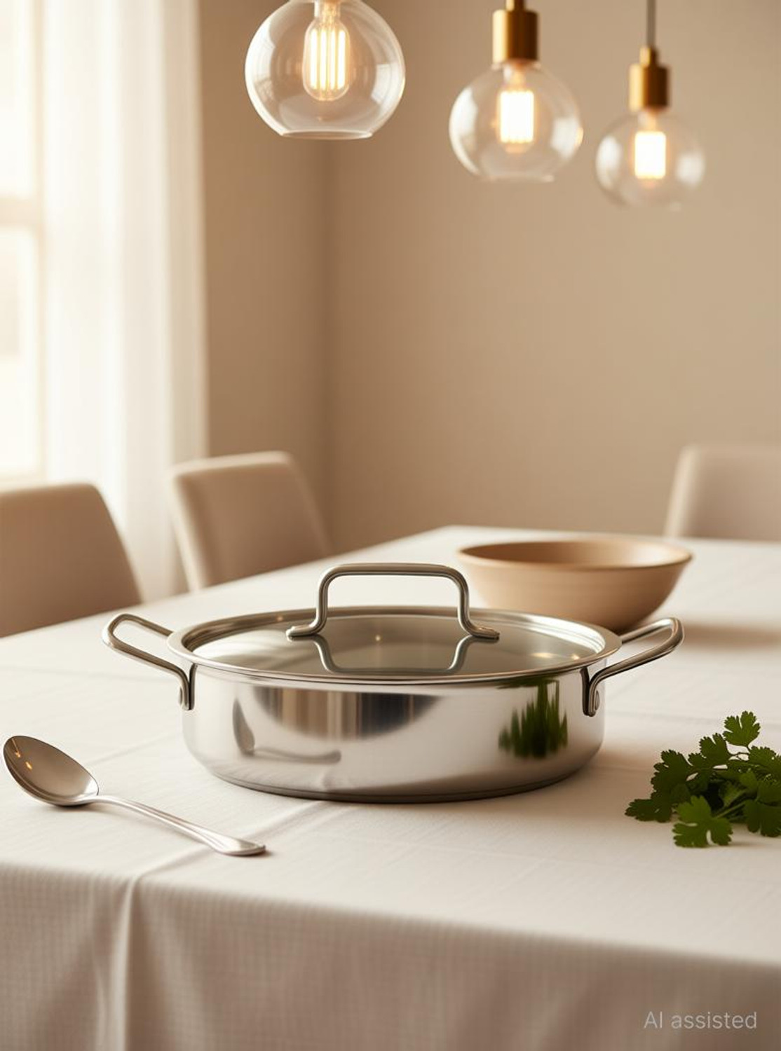 Image of moksh TriPly SS Cook & Serve Casserole / Shallow Biryani Pan / Stew Pot / Handi Pot 28 cm diameter 5 L capacity with Lid