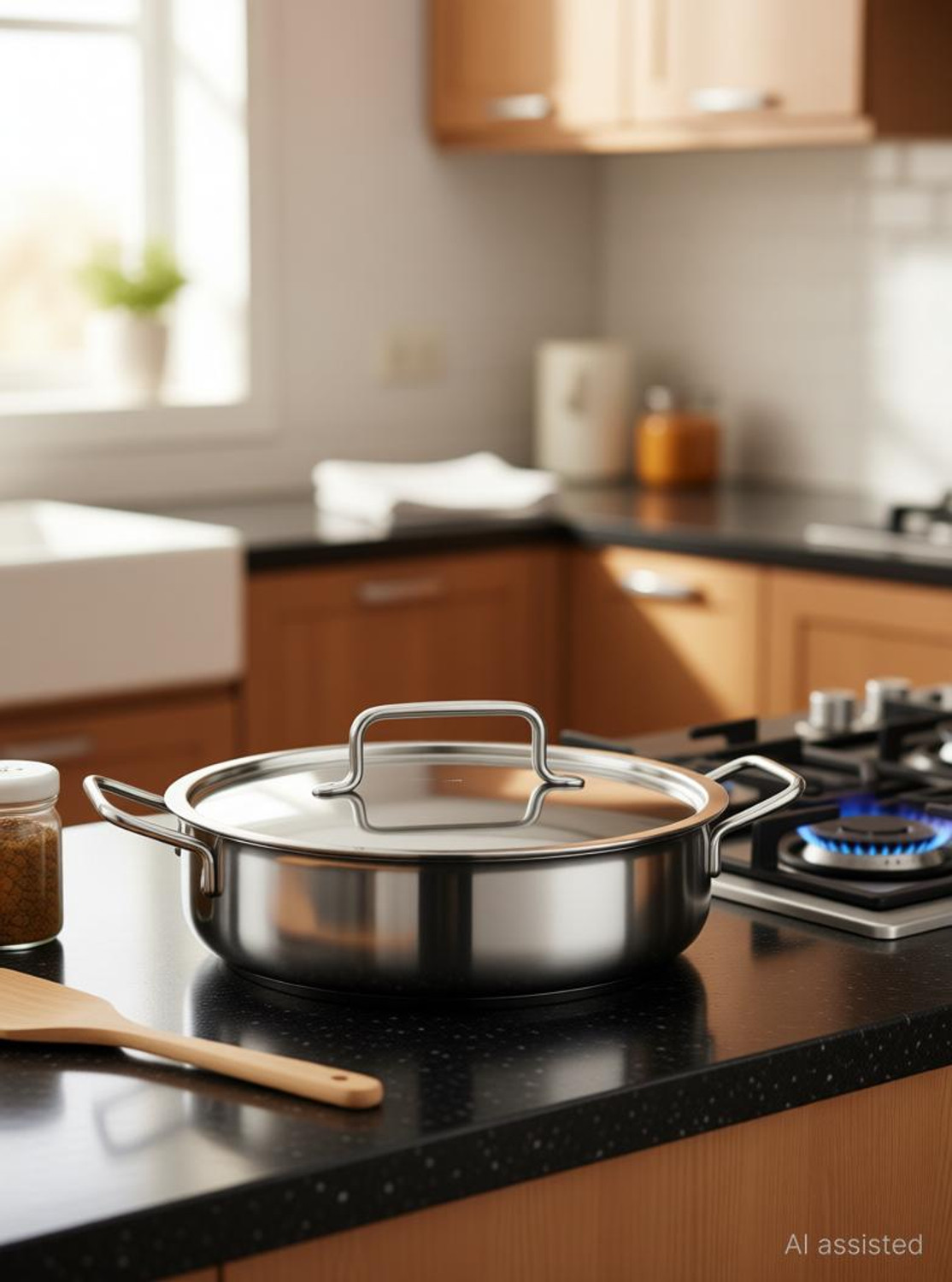 Image of moksh TriPly SS Cook & Serve Casserole / Shallow Biryani Pan / Stew Pot / Handi Pot 28 cm diameter 5 L capacity with Lid