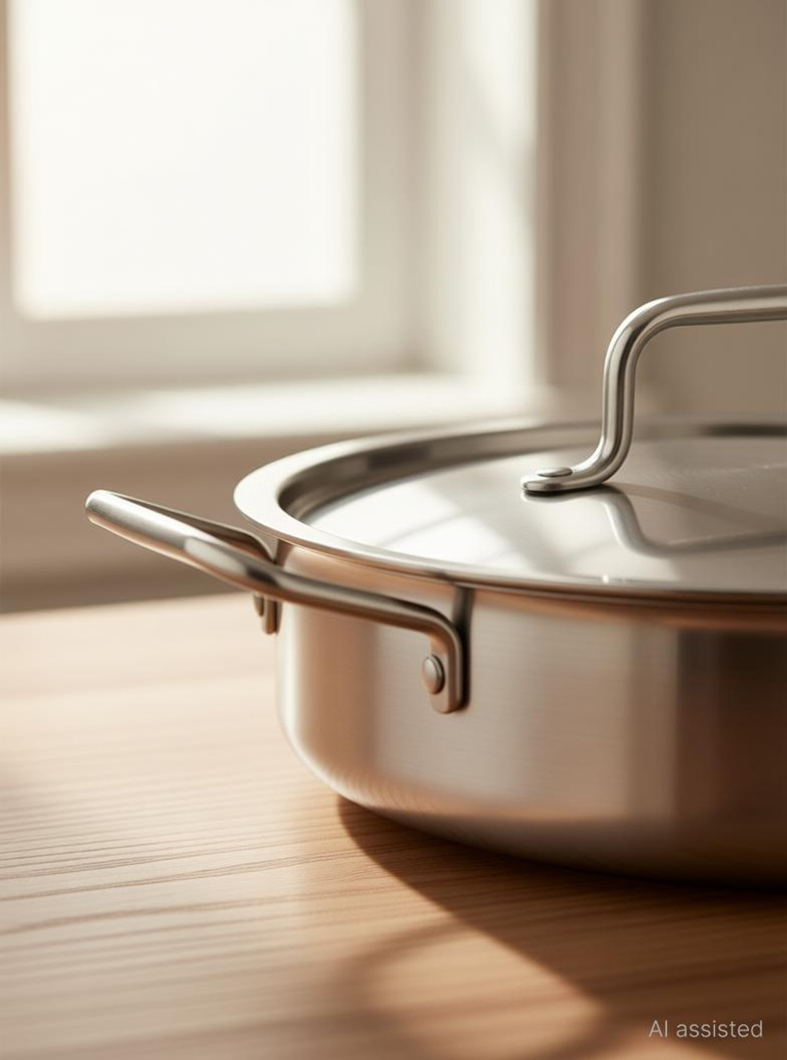 Image of moksh TriPly SS Cook & Serve Casserole / Shallow Biryani Pan / Stew Pot / Handi Pot 28 cm diameter 5 L capacity with Lid