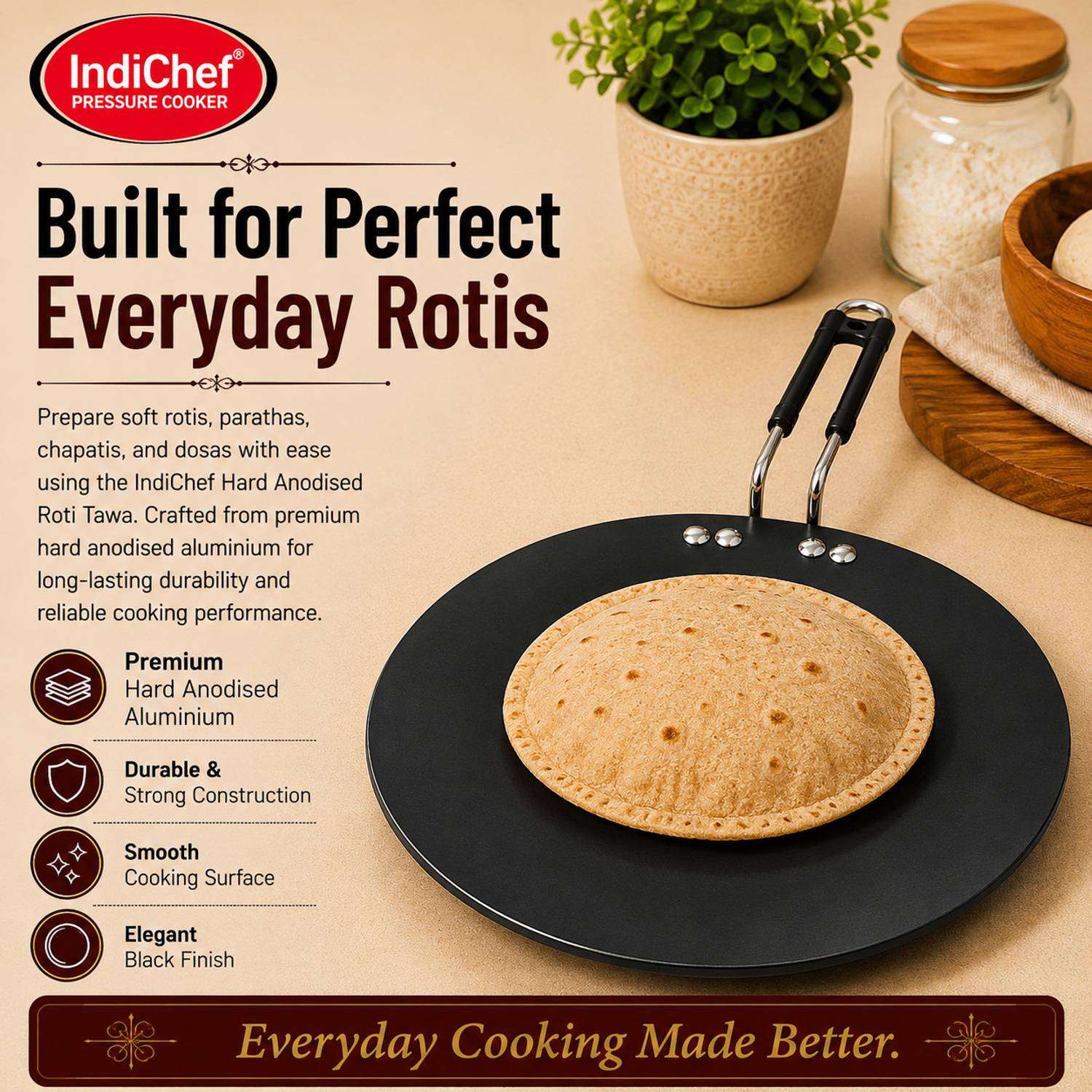 IndiChef Hard Anodised Roti Tawa, Gas Stove & Induction Friendly, Metal Spoon Safe Tawa 30 cm diameter — Tawa & Griddles