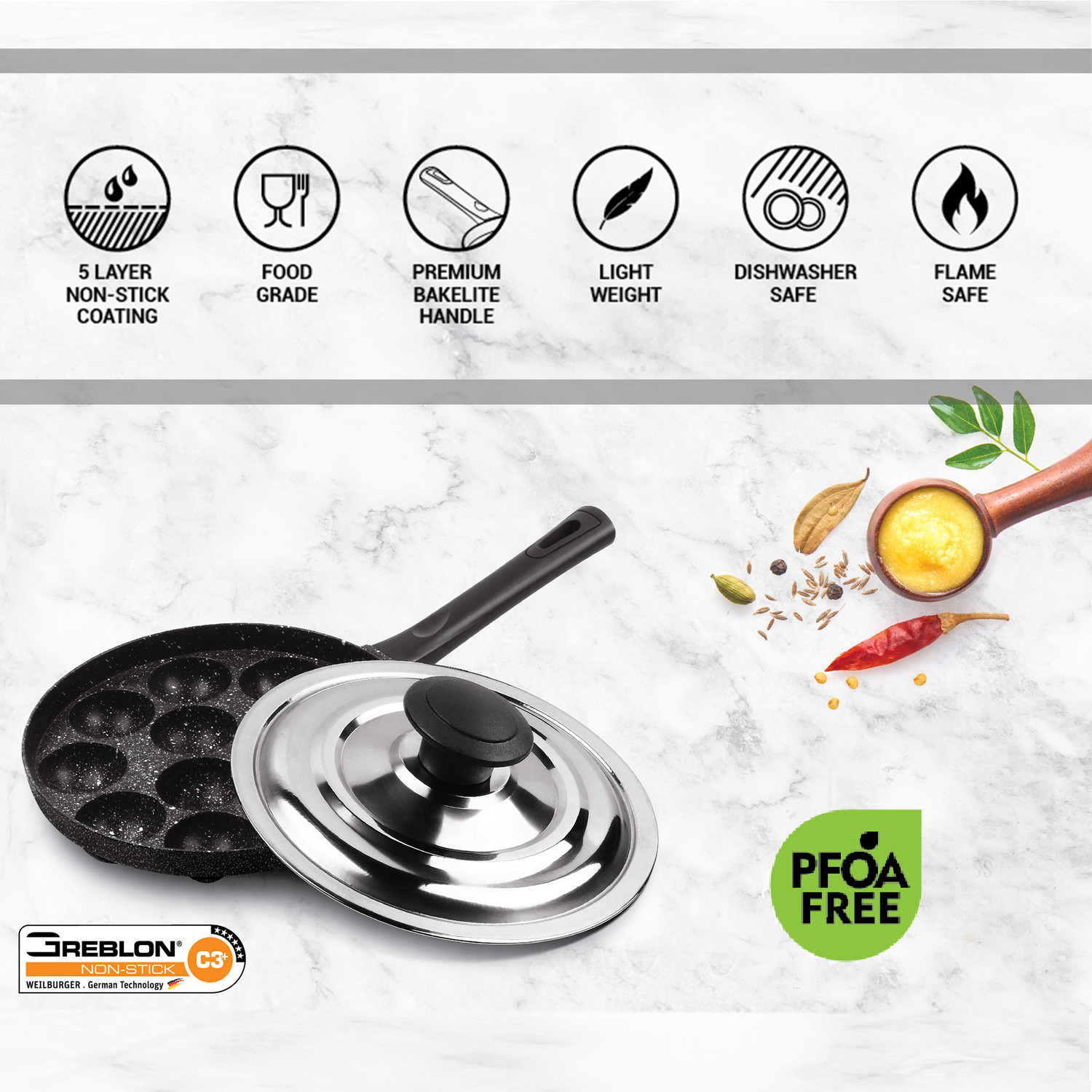 Image of MILTON Pro cook Appam Patra 12 Cavities, 14 Inch Non-Stick Paniyaram Pan with Steel Lid Pot 21.65 cm diameter 0 L capacity with Lid