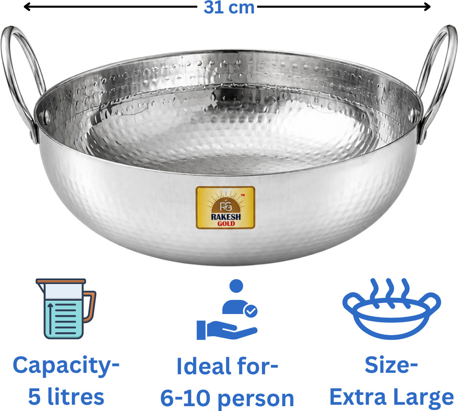 Image of Rakesh Gold Stainless steel heavy bottom for kadhai Kitchen | Hammered steel kadhai cooking Kadhai 31 cm diameter 5 L capacity