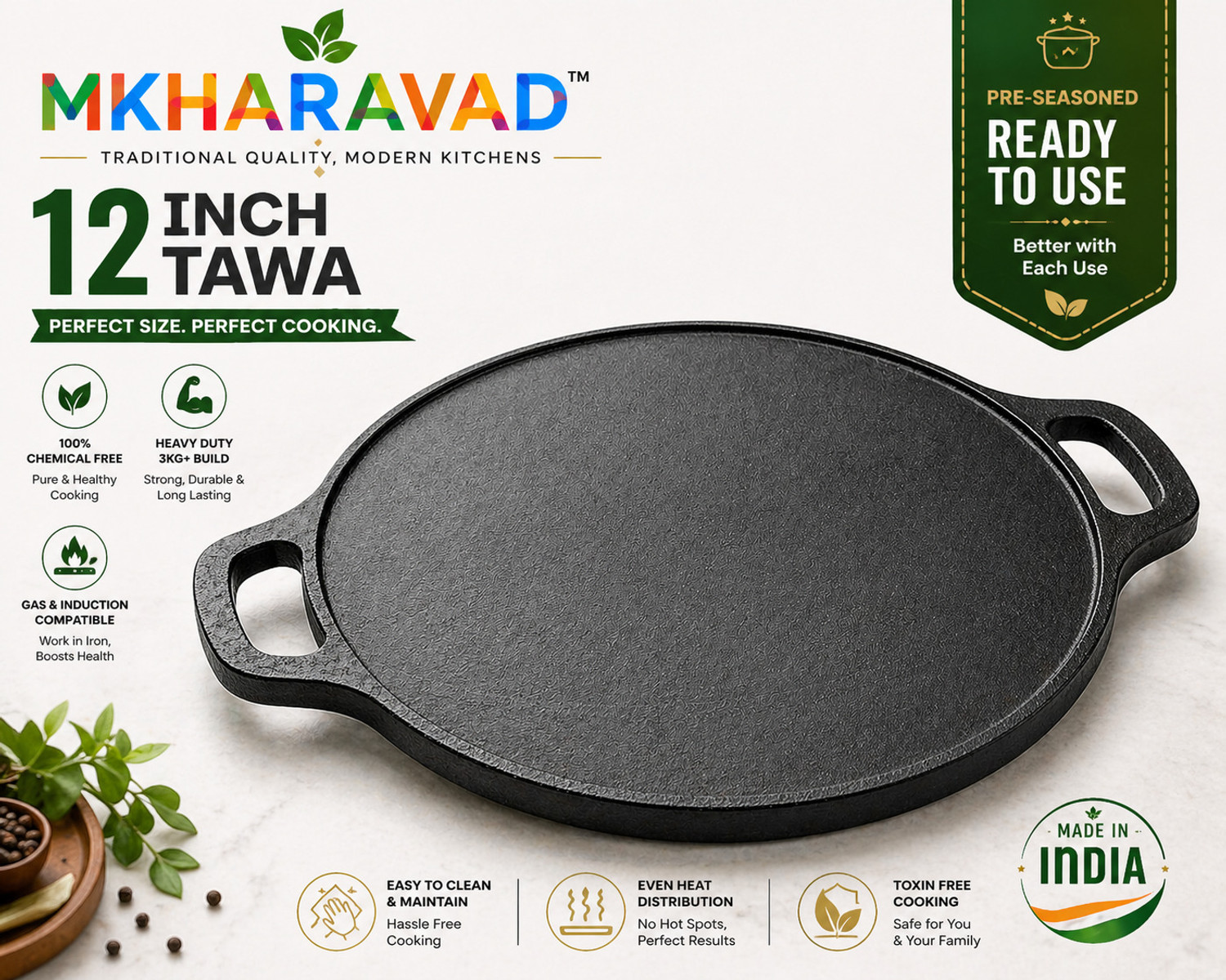 Image of M KHARAVAD MKHARAVAD CI-12 Pre-Seasoned Cast Iron Tawa Tawa 30 cm diameter