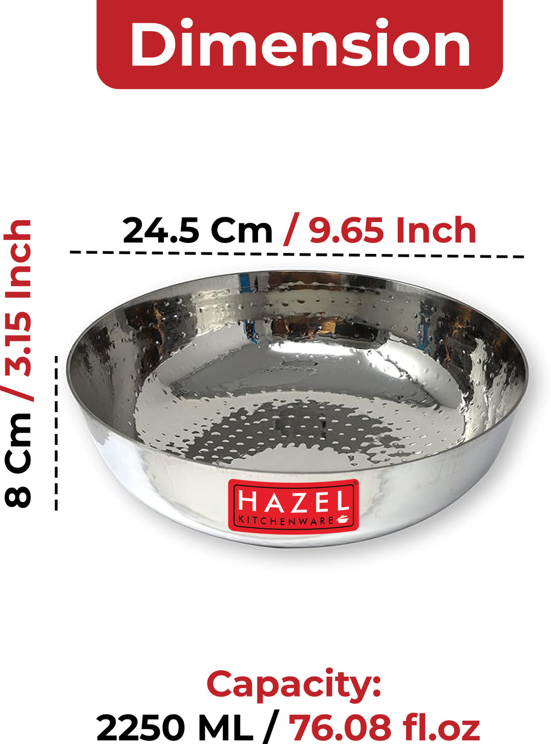Image of HAZEL Stainless Steel Hammered Tone Kadai Tasra, Diameter 24.5 Kadhai 24.5 cm diameter 2.25 L capacity