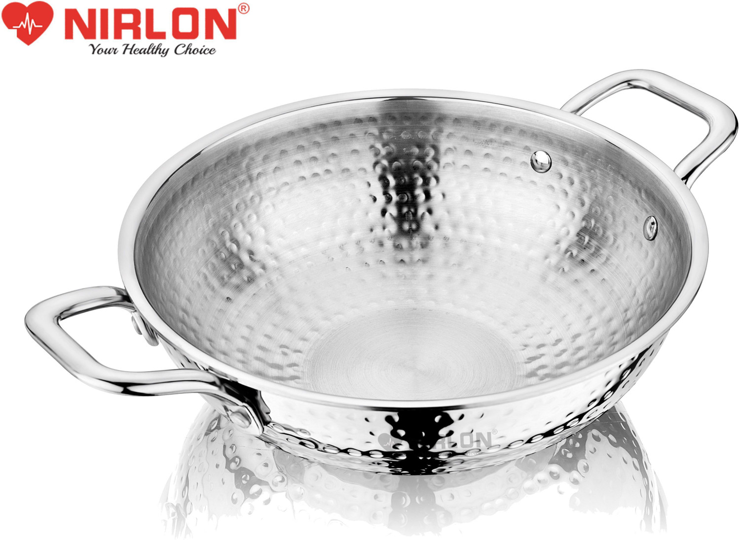 Image of NIRLON Hammered Triply Stainless Steel Deep Kadai /Wok /Kadhai with Stainless Steel Lid Kadhai 26 cm diameter with Lid 3.5 L capacity