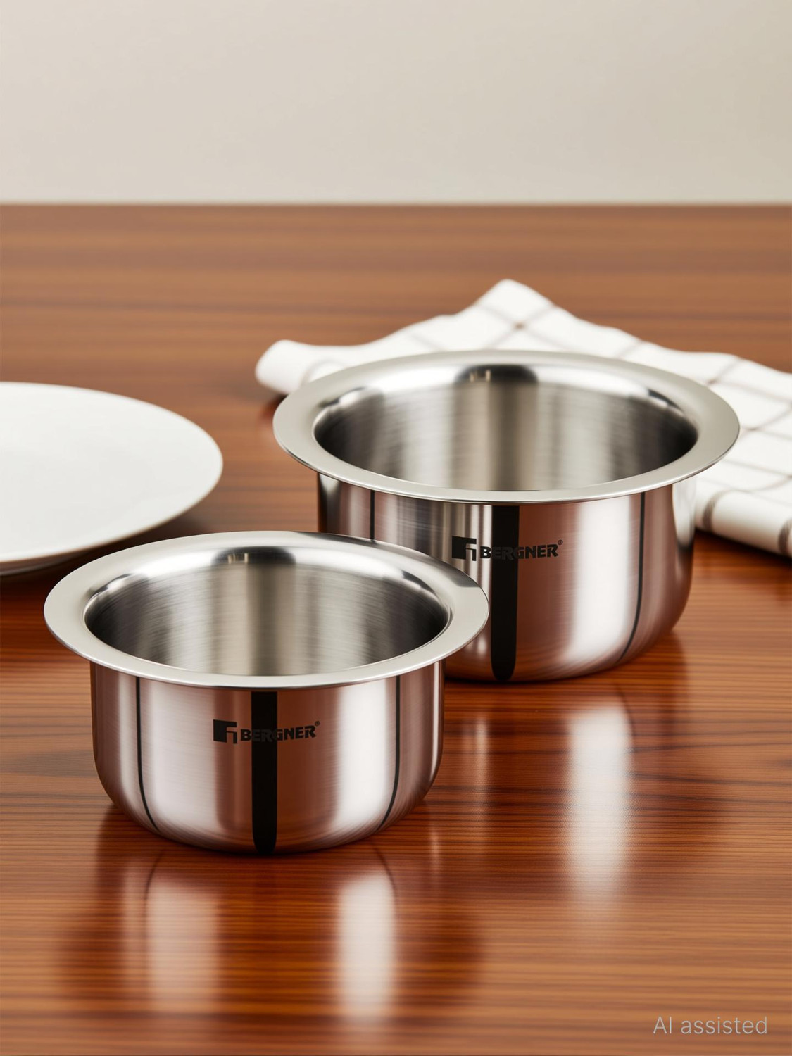Image of BERGNER Tripro Triply Stainless Steel 2 Pcs Tope /Bhagona /Patila Set 1.3 L, 1.9 L capacity 14 cm, 16 cm diameter (Triply, Stainless Steel, Induction Bottom)