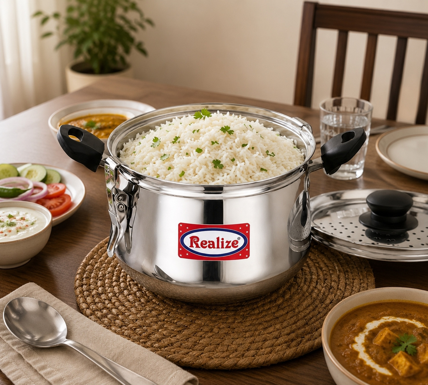 Image of Realize Stainless Steel rice pot with Strainer Lid, Sturdy Lockable Pot 19 cm Pot 19 cm diameter 3.5 L capacity with Lid