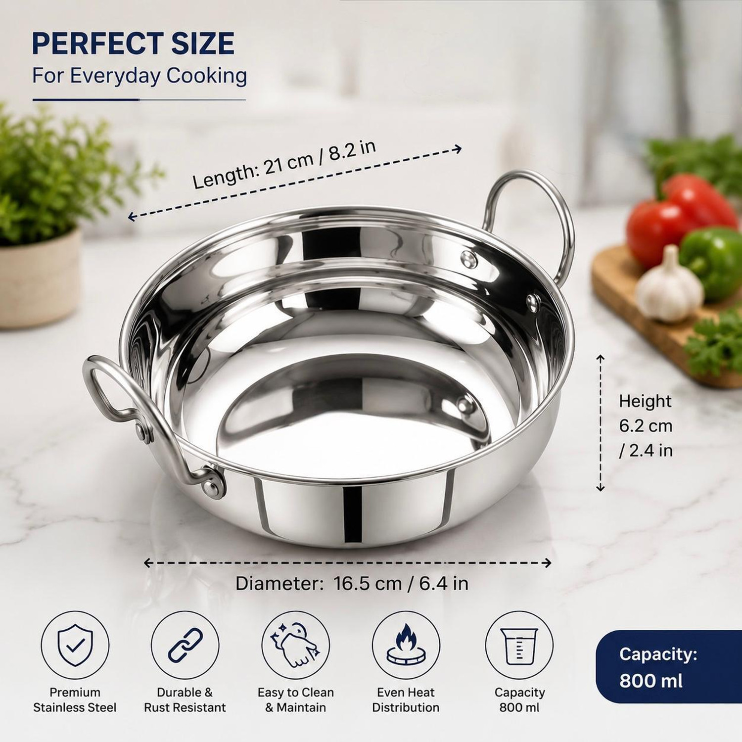 Image of ZZZ Enterprises SS Sandwich Bottom Kadhai 1.9L - 20.5cmkadhai 2 Kadhai 21 cm diameter 1.5 L capacity (Stainless Steel, Induction Bottom)