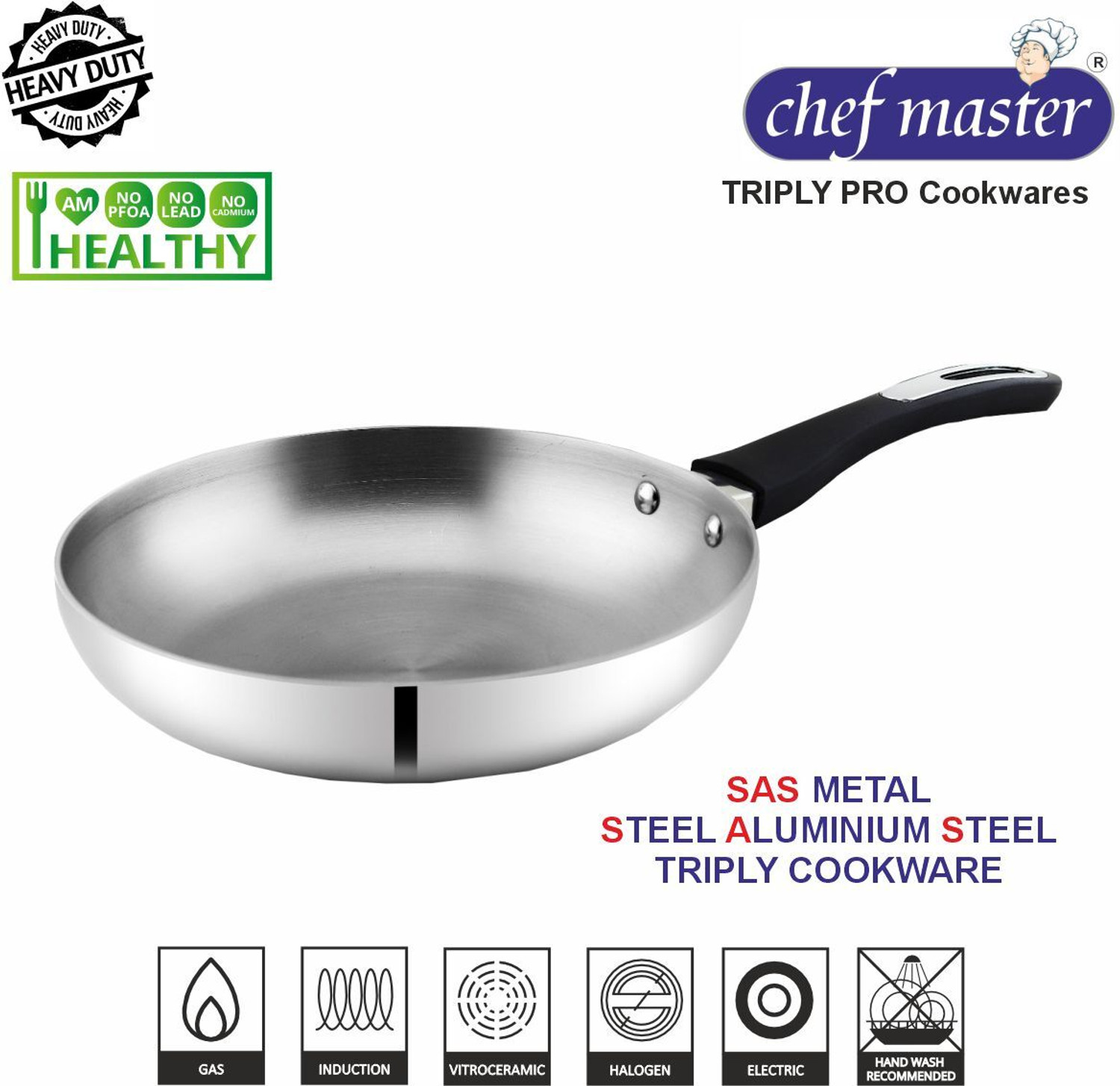 Image of Chefmaster Platinium Induction Bottom 24cm Triply Stainless Steel Frypan Fry Pan 24 cm diameter 1.5 L capacity