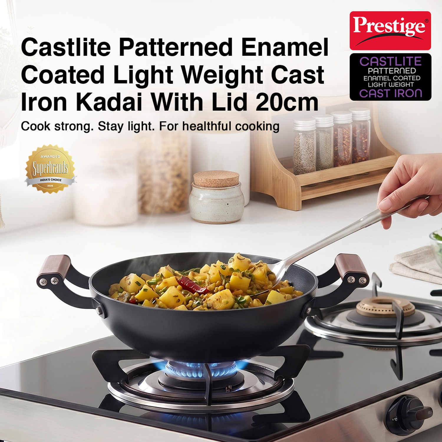 Image of Prestige Castlite Patterned Enamel Coated|High Heat Retention|Rust Proof|Stay-Cool Handle Kadhai 20 cm diameter with Lid 1.4 L capacity