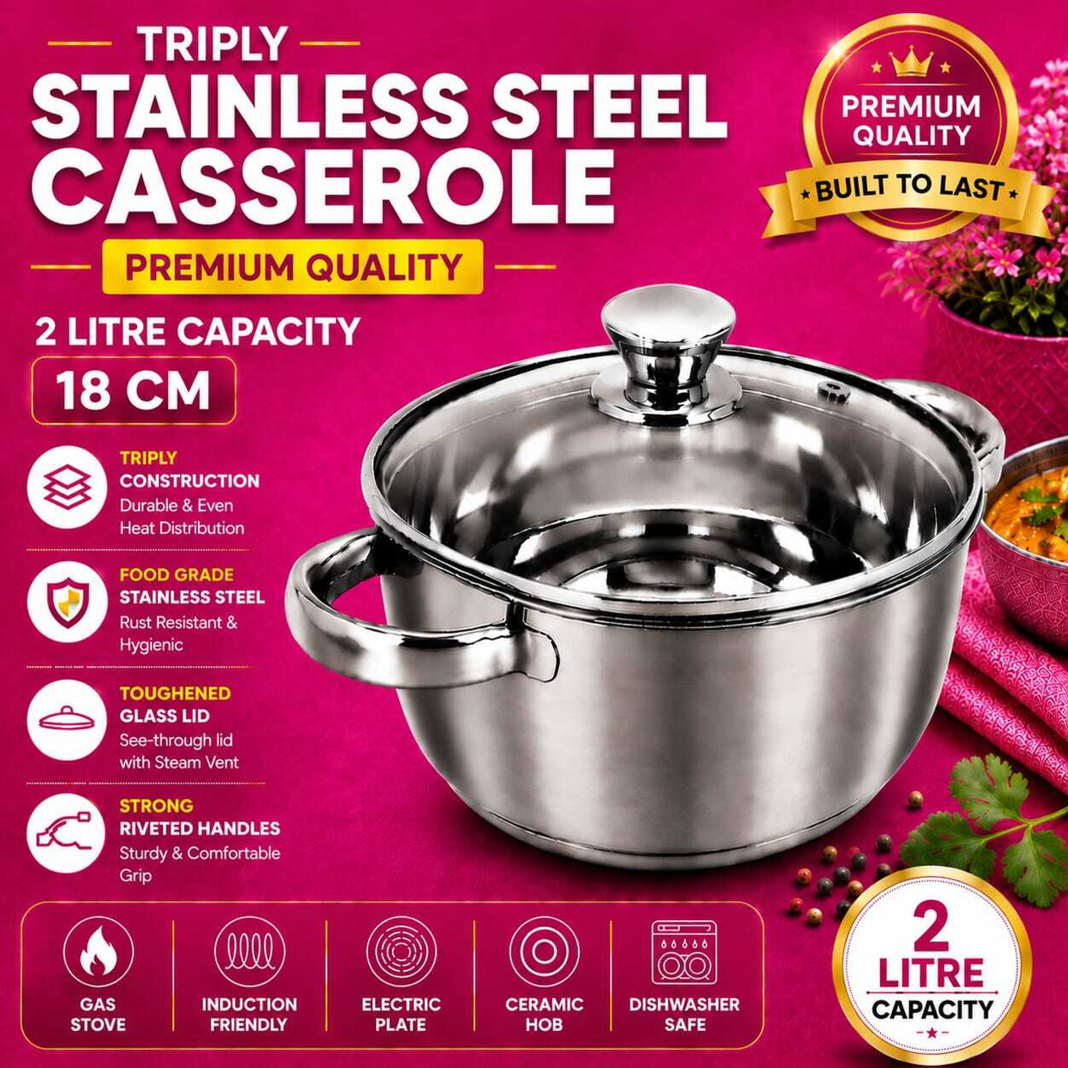 Image of Red Robin Durable Triply Construction Casserole 2Lfor Gas Induction Electric & Ceramic Hob Pot 18 cm diameter 2 L capacity with Lid