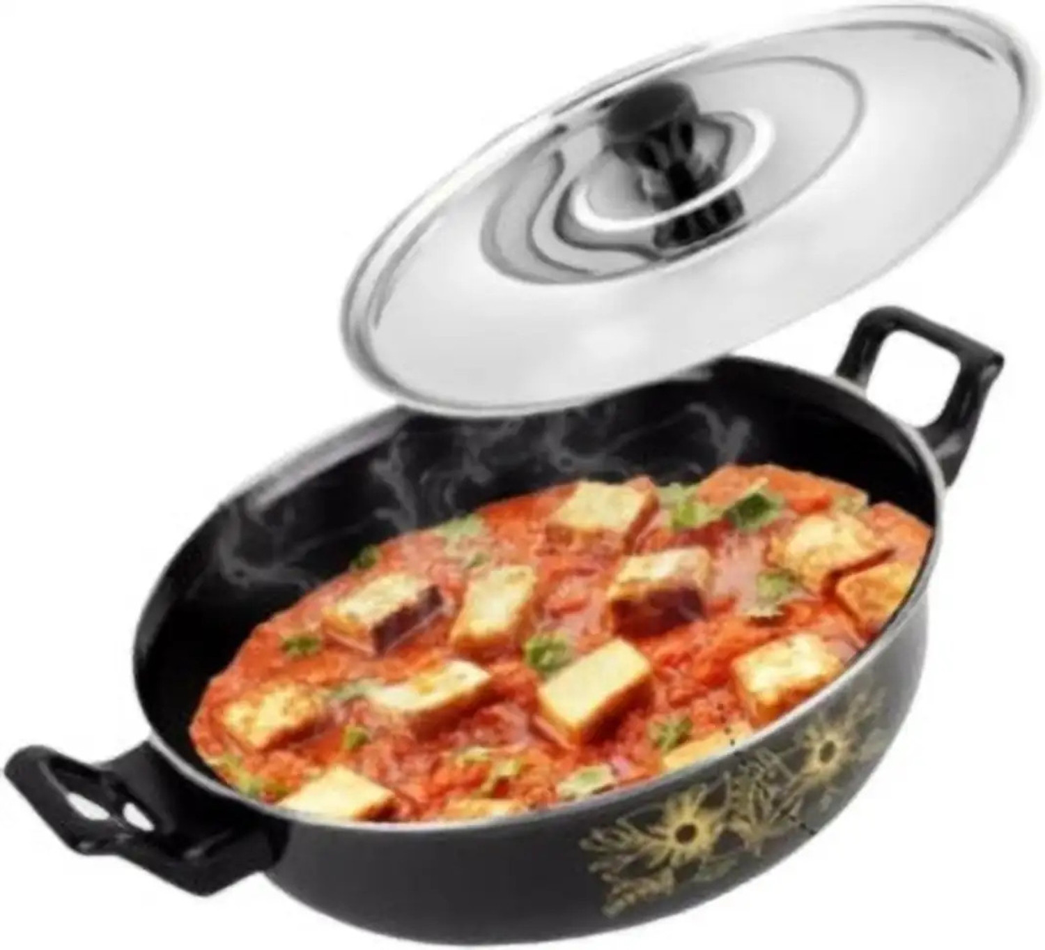Image of My Store Non Stick Kadhai with Steel Lid (Black / 3.5 L) - Non Stick Induction Kadhai 26.8 cm diameter with Lid 3.6 L capacity