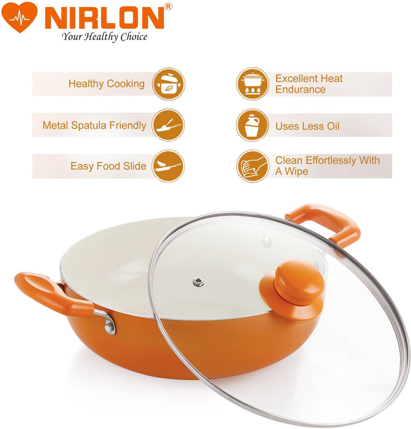 NIRLON 3.6L Orange Ceramic Non-Stick Kadhai 26cm - Image 4