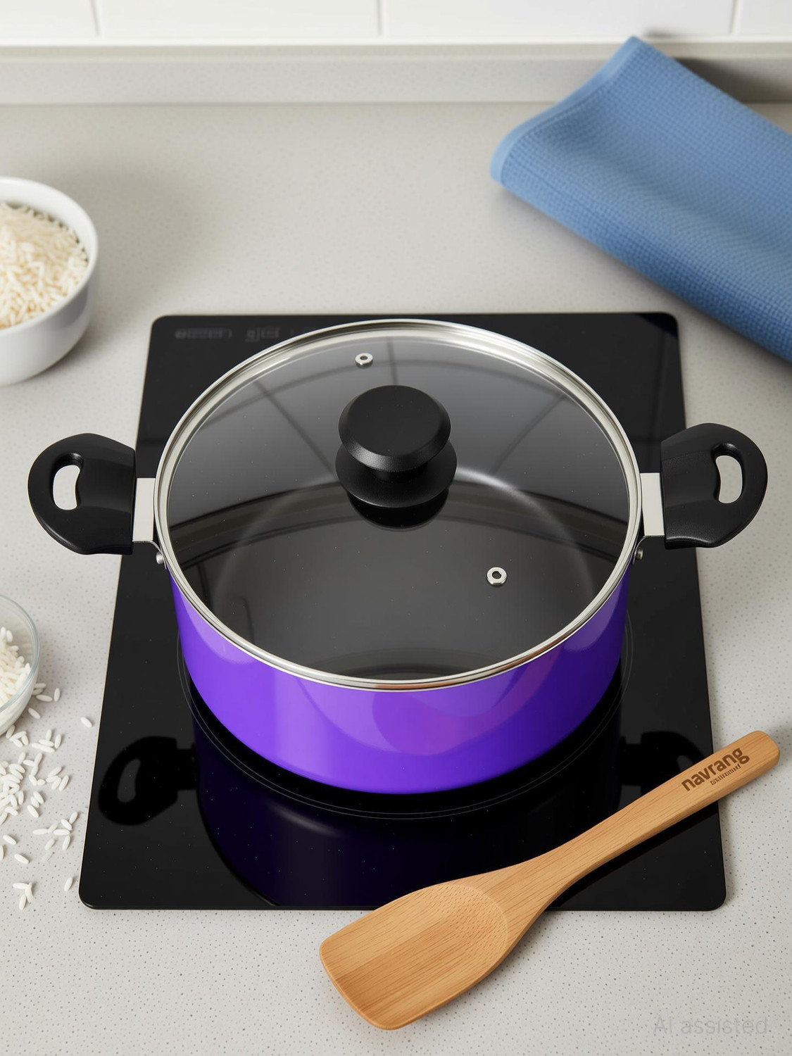 Image of NAVRANG Biryani Pot High Grade Induction base Aluminum Nonstick pot with wooden spatula, Pot 22 cm diameter 3.5 L capacity with Lid