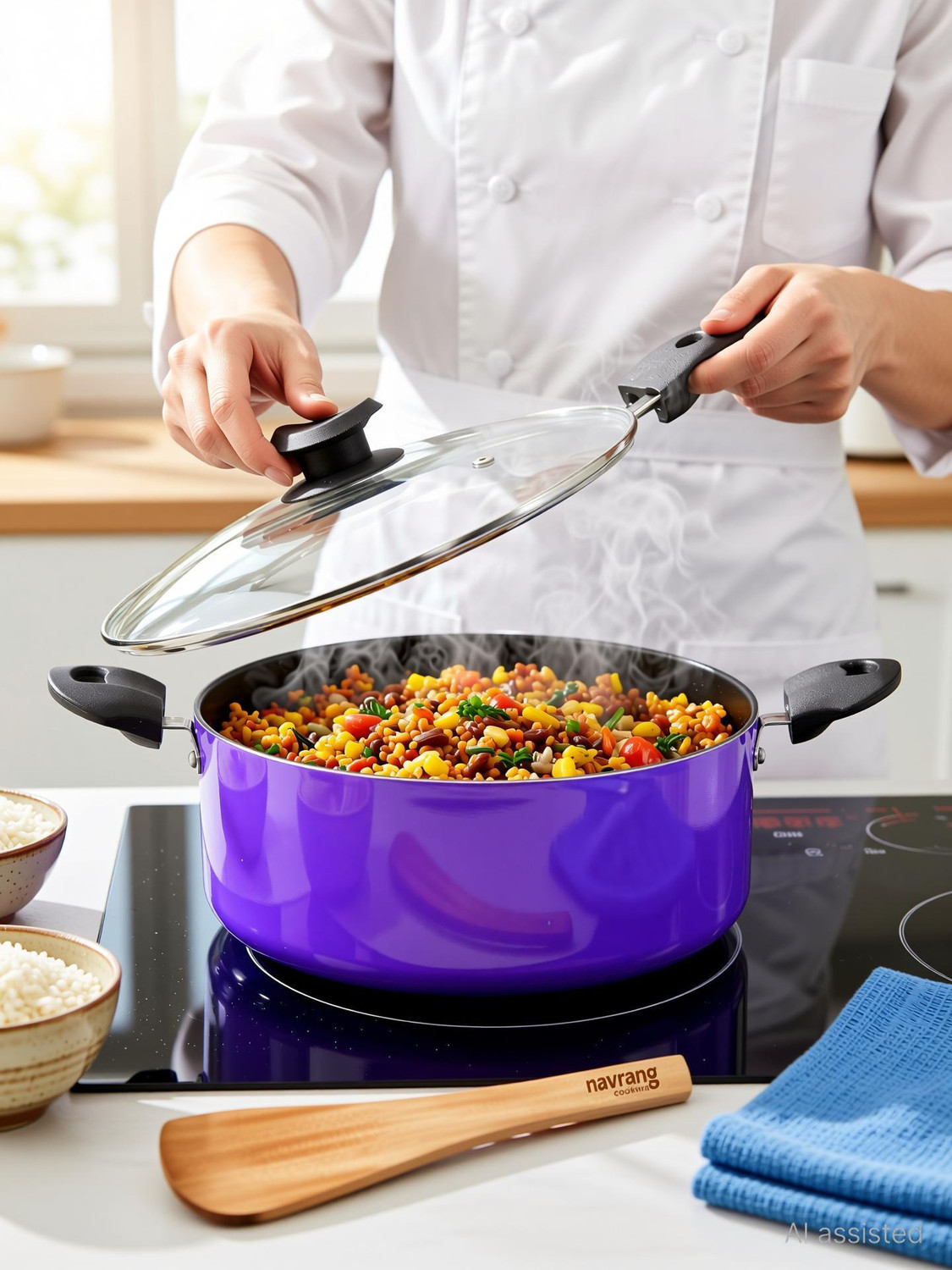 Image of NAVRANG Biryani Pot High Grade Induction base Aluminum Nonstick pot with wooden spatula, Pot 22 cm diameter 3.5 L capacity with Lid
