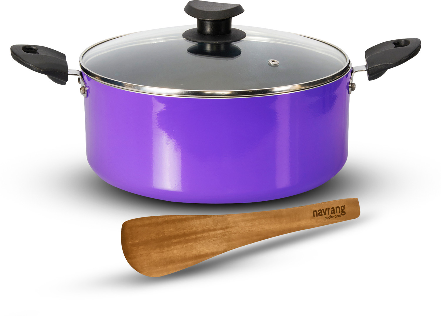 Image of NAVRANG Biryani Pot High Grade Induction base Aluminum Nonstick pot with wooden spatula, Pot 22 cm diameter 3.5 L capacity with Lid