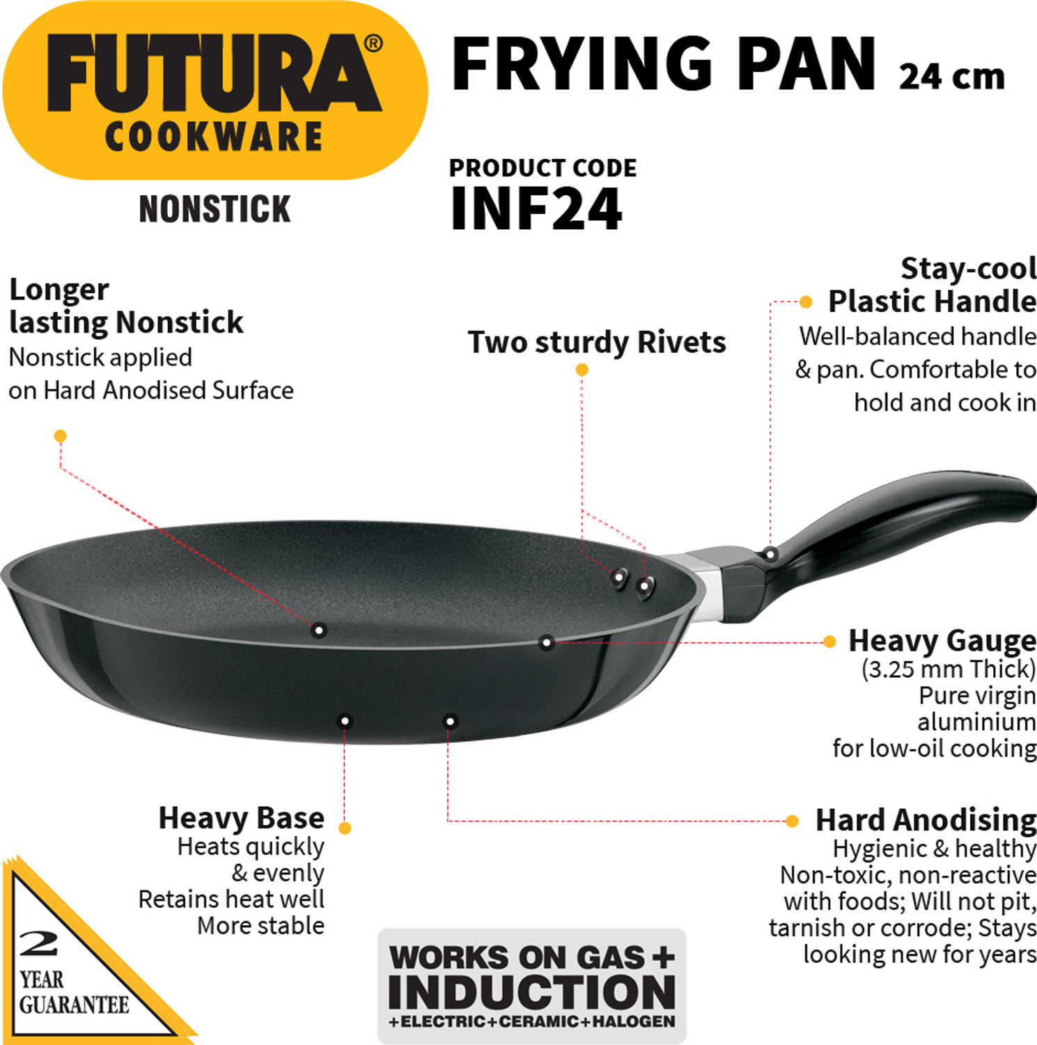 Image of Hawkins 24cm Frying Pan, Black (INF24) Fry Pan 24 cm diameter 1.5 L capacity
