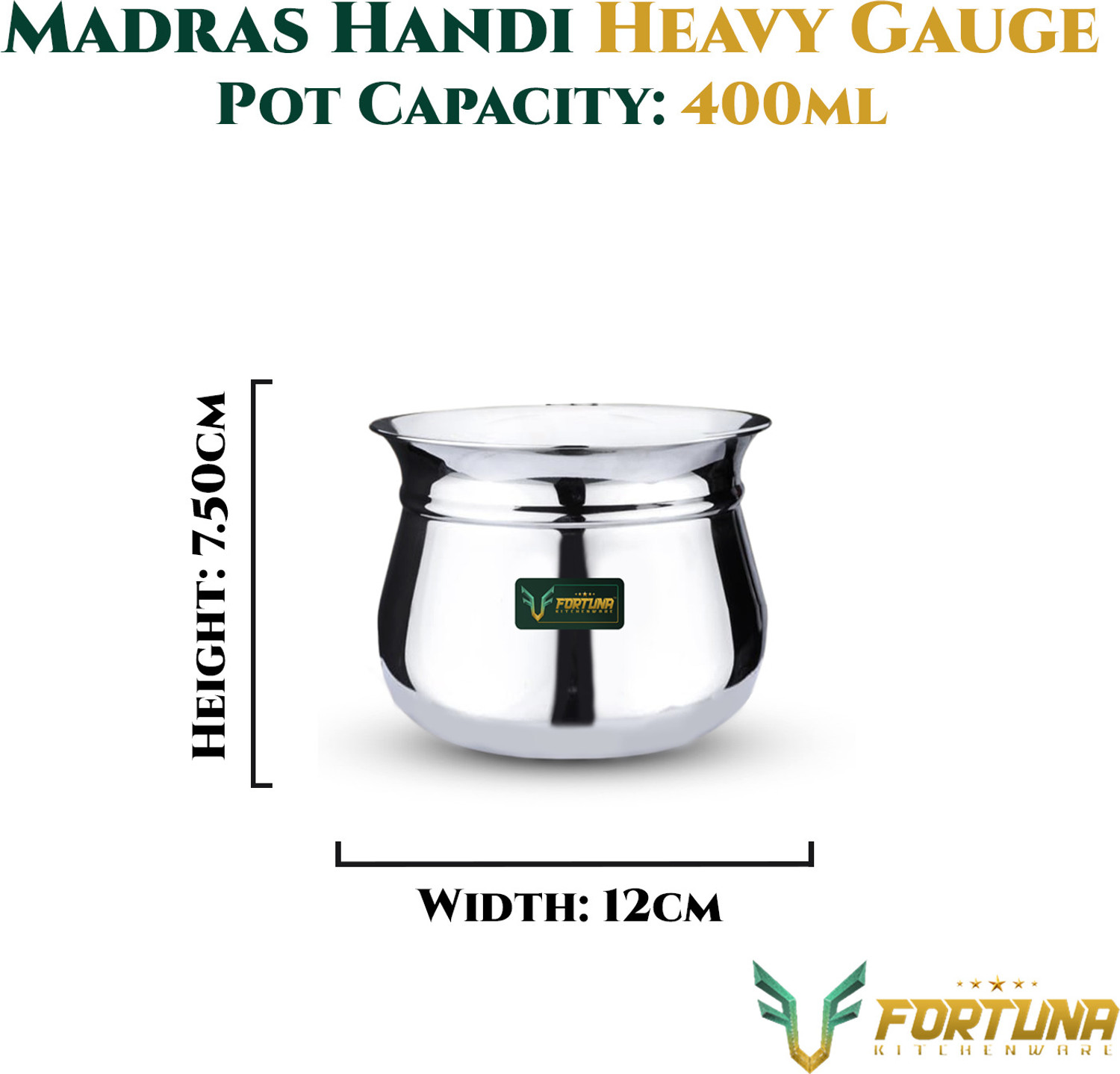 Image of Fortuna 400ml, 5-Star Heavy Dahi Handi / Curd Pot with Lid | Induction & Gas Compatible Pot 12 cm diameter 0.4 L capacity with Lid