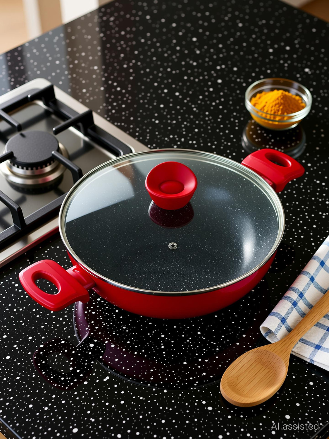 Image of BERGNER Bellini Plus Pressed 5-Layer Non-Stick Aluminium Induction Bottom Kadhai 20 cm diameter with Lid 2.3 L capacity (Aluminium, Non-stick, Induction Bottom)