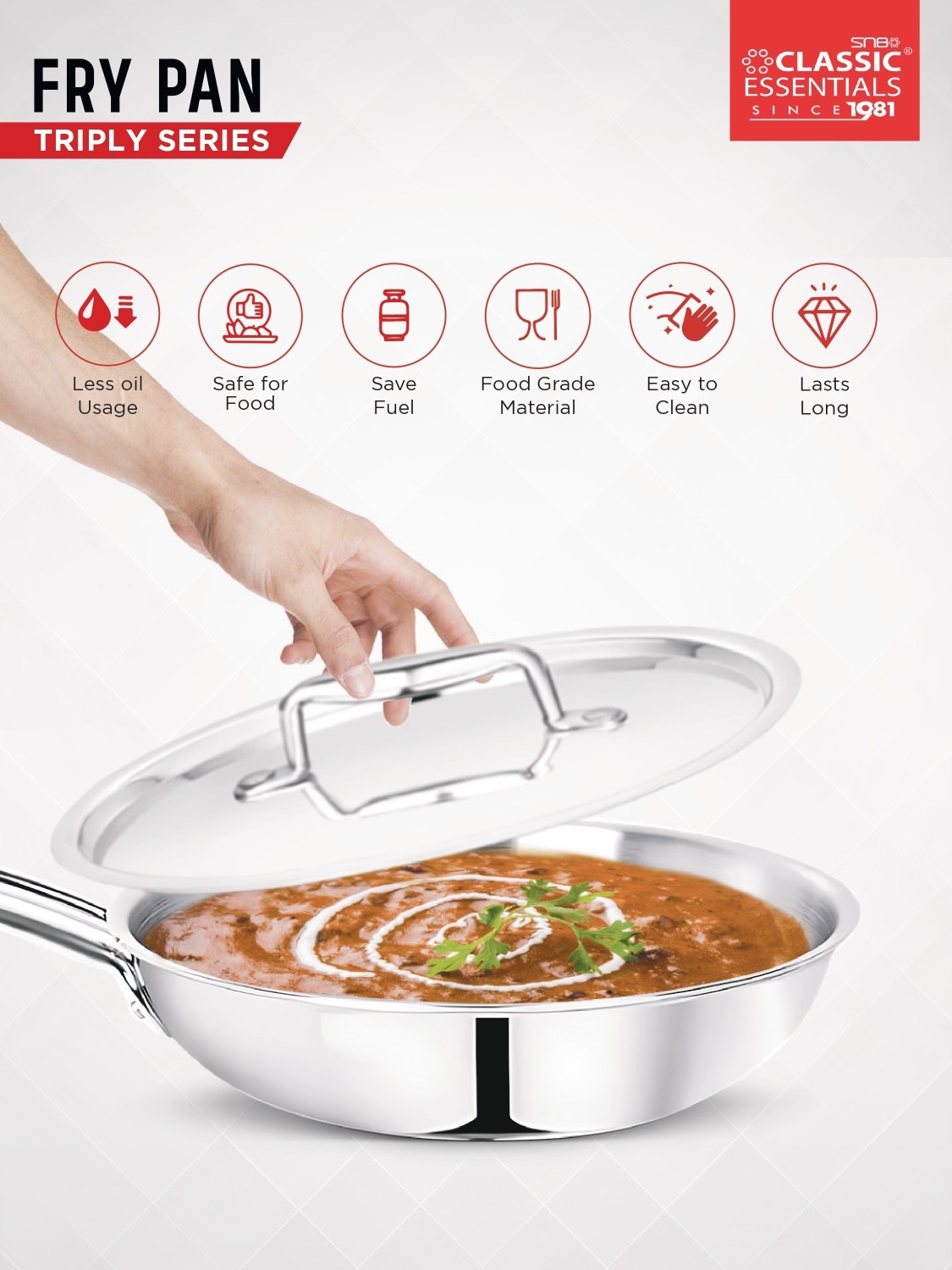 Image of Classic Essentials Triply SS Fry Pan With Lid | Gas & Induction Cookware Fry Pan 22 cm diameter with Lid 1.5 L capacity