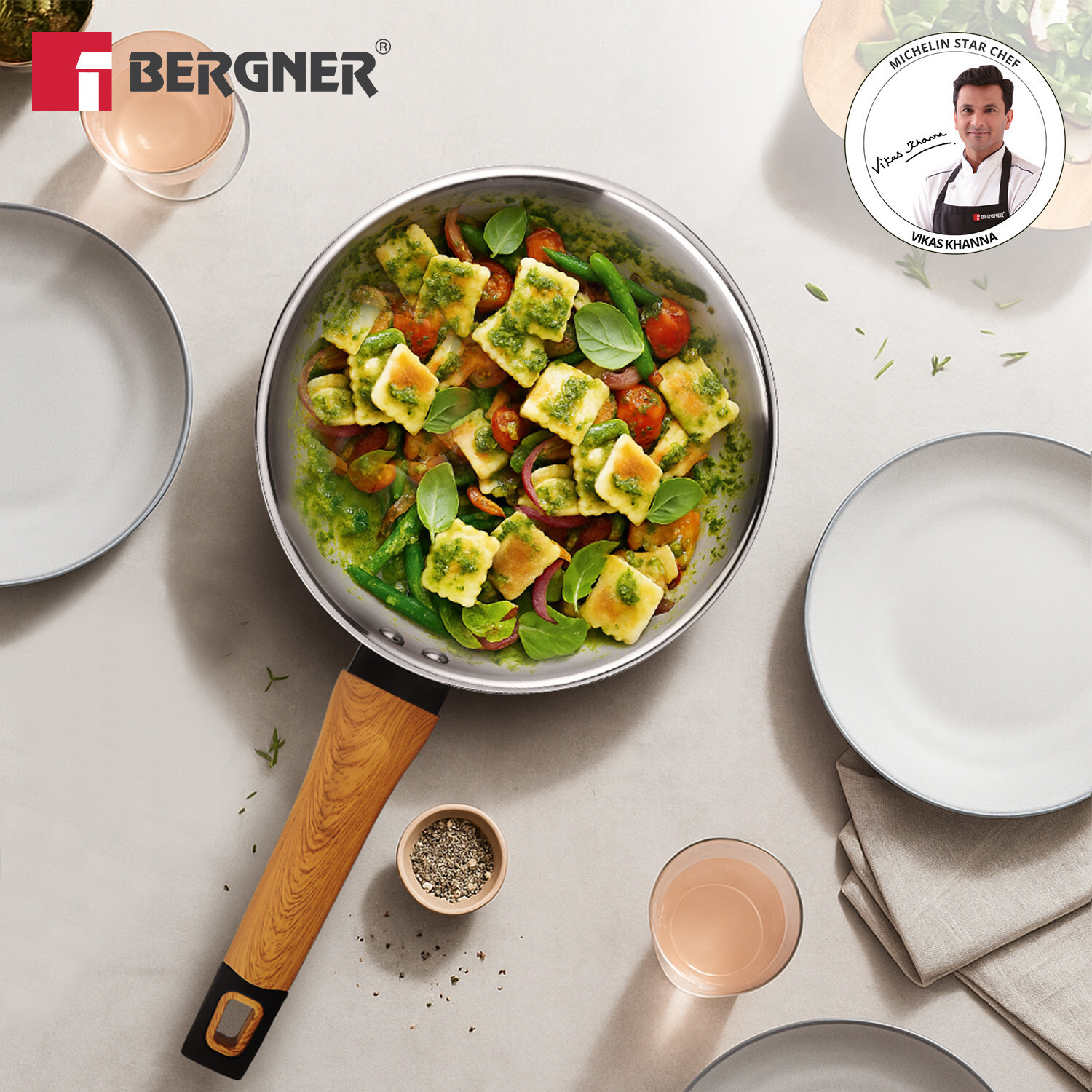 Image of BERGNER TriPro Tri-Ply 24cm Frypan with Wooden Soft Touch Handle, Healthy Coating| Fry Pan 24 cm diameter 1.8 L capacity