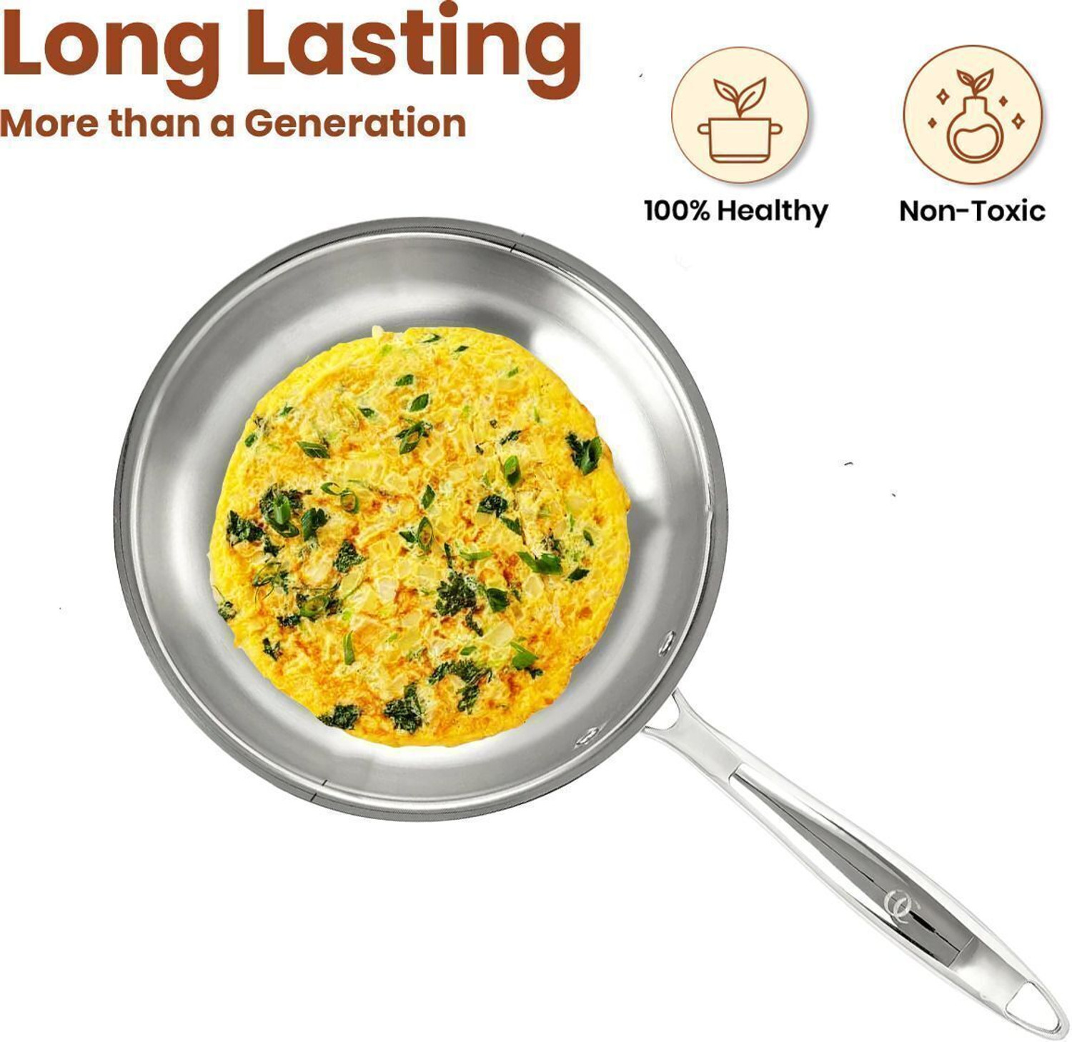 Image of Omichef 22CM (2Ltr) Triply Stainless Steel Frypan, Induction & Gas Compatible, Fry Pan 22 cm diameter with Lid 2 L capacity